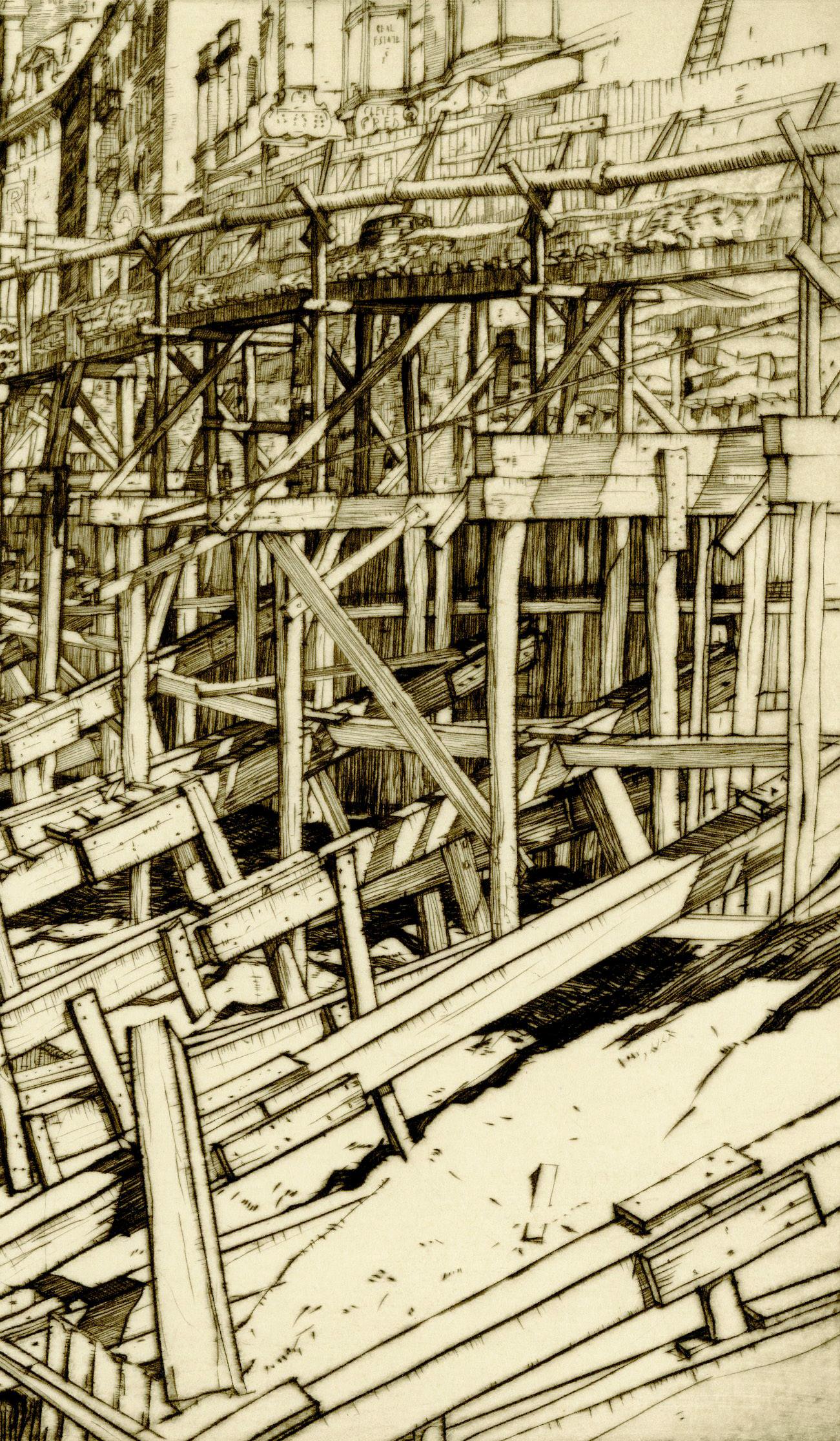 Ontario St. Nivellement et rampes temporaires
Pointe sèche, août 1929
Signé au crayon en bas à droite (voir photo)
D'après : L'ensemble Cleveland (23 planches), celui-ci étant le n°.  13
Édition : Petite
Un brillant exemple de l'art industriel