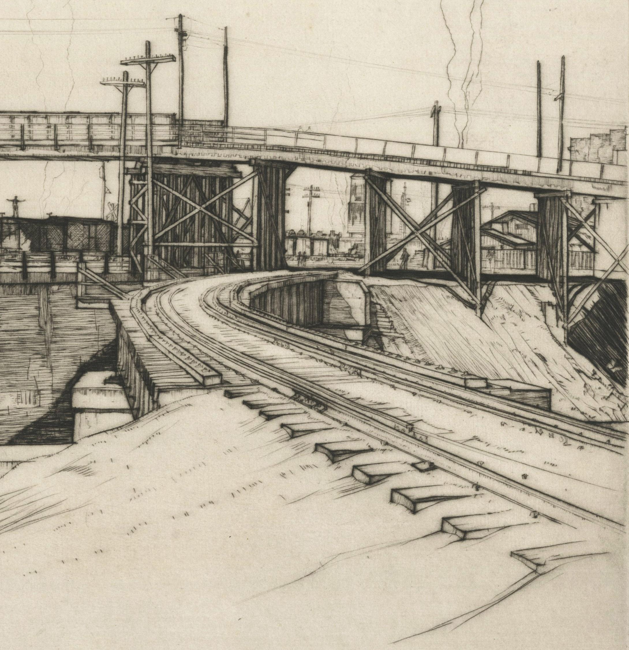 Western Hills Viaduct unter construction (Amerikanische Moderne), Print, von Louis Conrad Rosenberg
