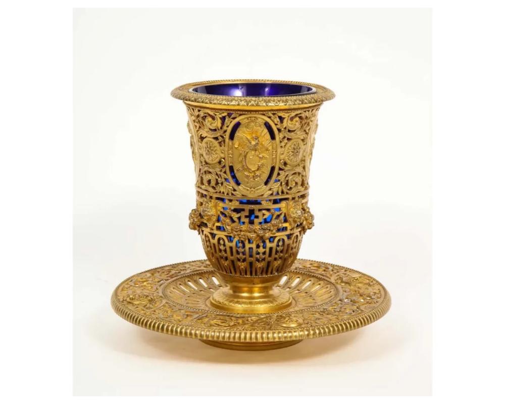 French Louis Constant Sévin & F. Barbedienne, a Rare Ormolu and Blue Glass Centerpiece For Sale