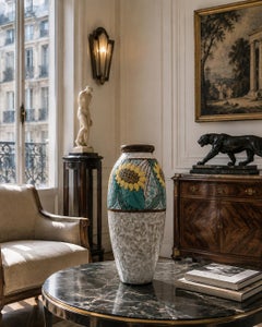 Louis Dage, Vaso in gres Art Déco a forma di girasole, ceramica smaltata, Francia, 1920
