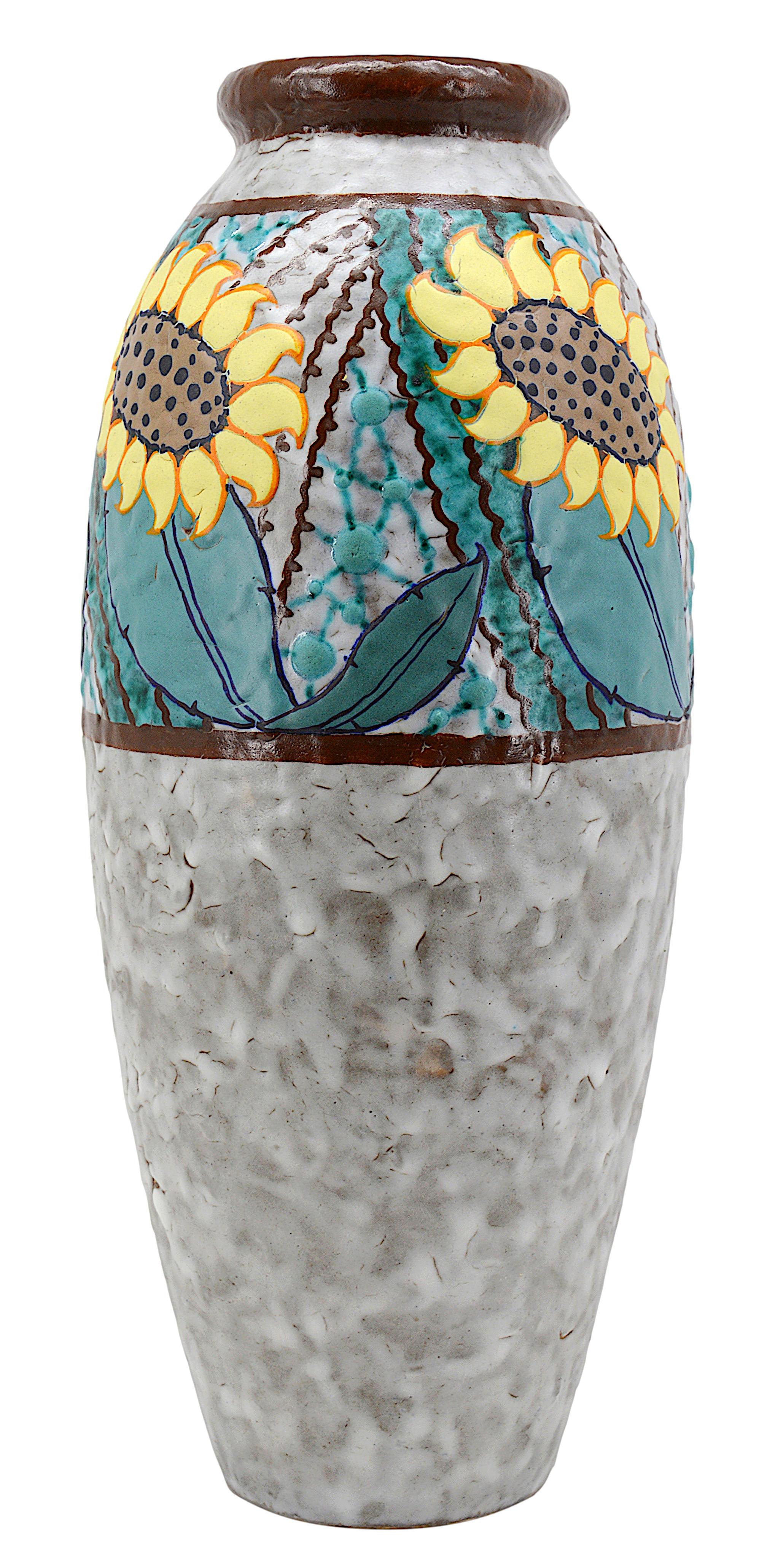 French Art Deco stoneware vase by Louis DAGE (Antony, Paris), France, late 1920s. Sunflower vase. Important enamel applications. Height: 19.3