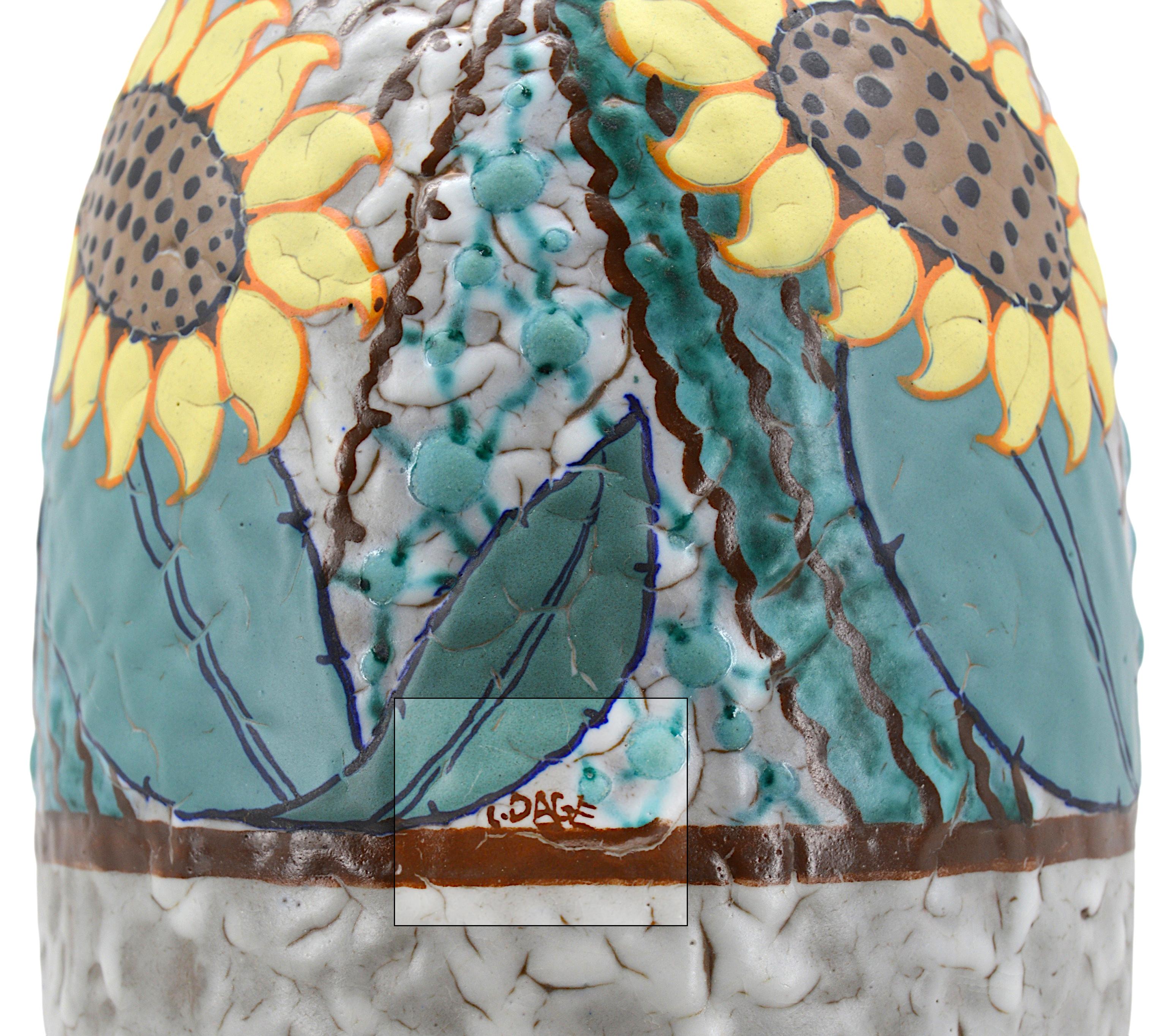 Enameled Louis DAGE French Art Deco Sunflower Stoneware Vase, Late 1920s For Sale