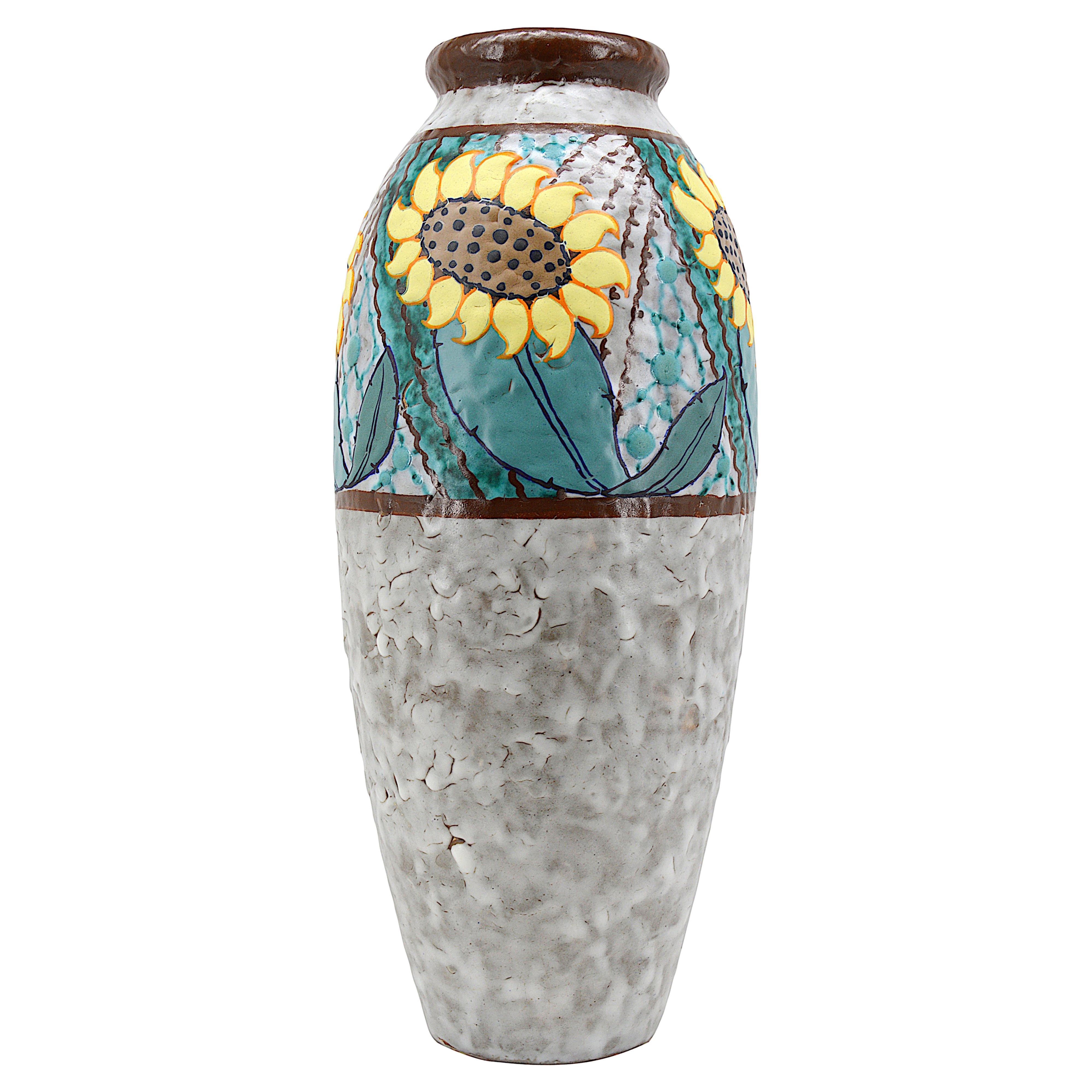 Louis DAGE French Art Deco Sunflower Stoneware Vase, Late 1920s For Sale