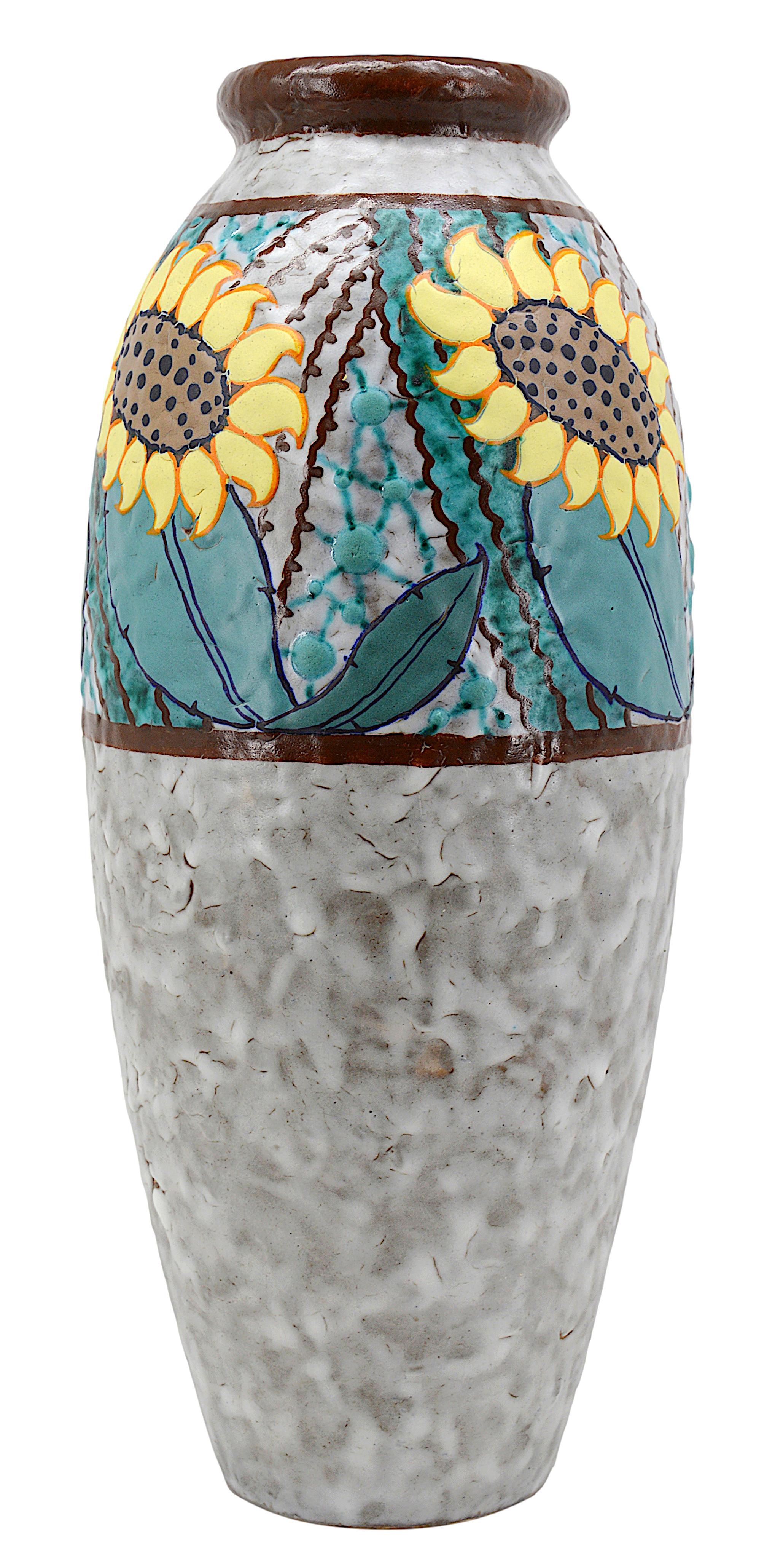 French Louis DAGE Rare Art Deco Sunflower Stoneware Vase, 1920 For Sale