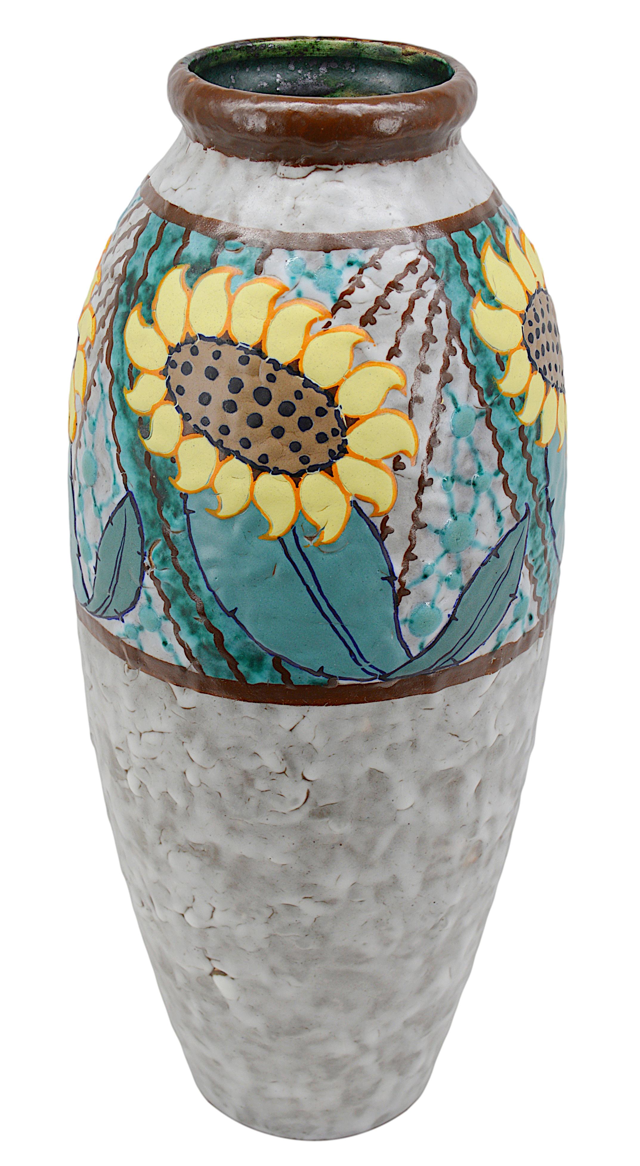 Enameled Louis DAGE Rare Art Deco Sunflower Stoneware Vase, 1920 For Sale