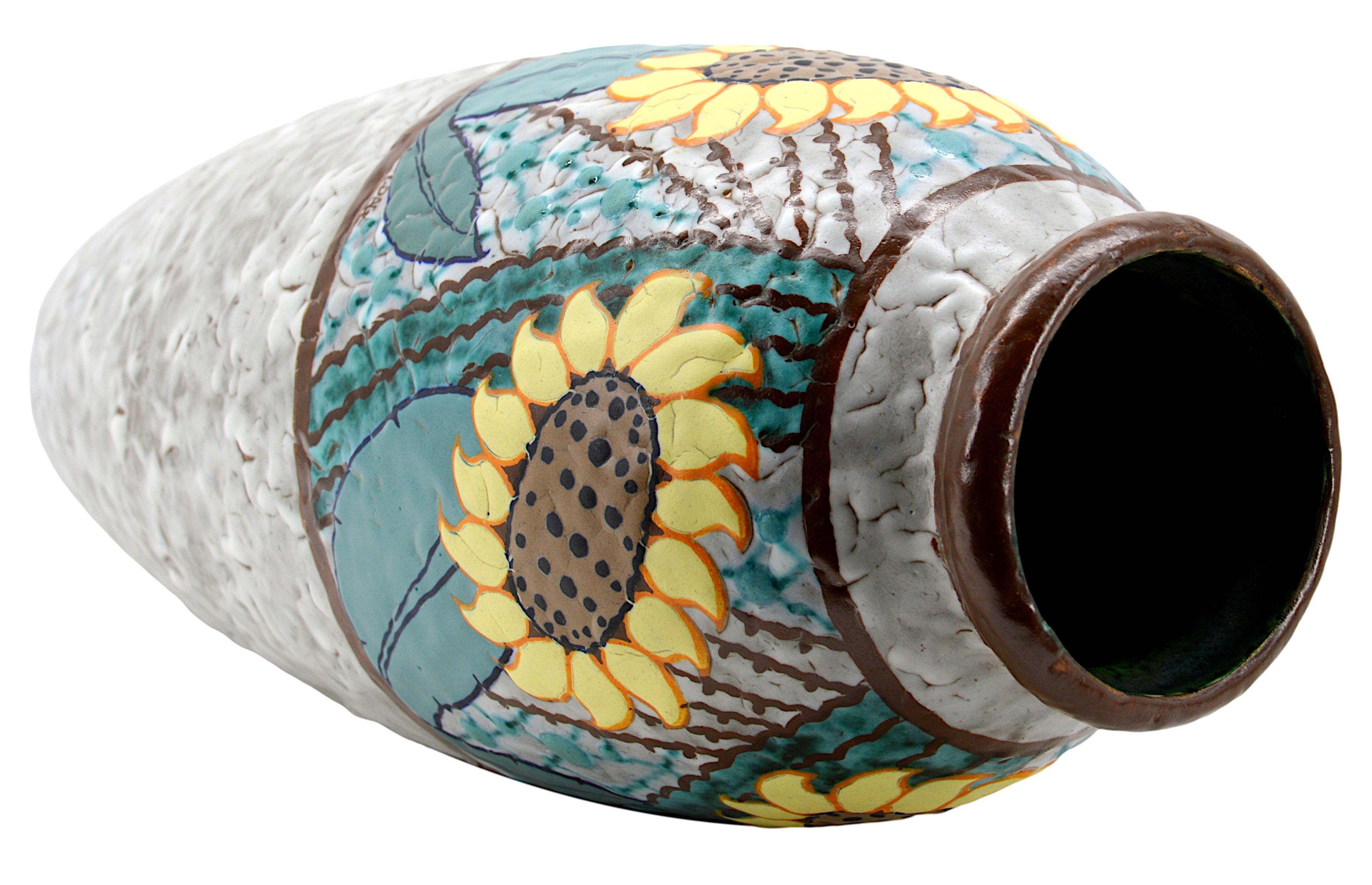 Early 20th Century Louis DAGE Rare Art Deco Sunflower Stoneware Vase, 1920 For Sale