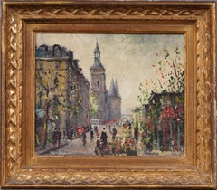 Ancienne peinture de scène de rue impressionniste française de l'école de Paris encadrée et signée