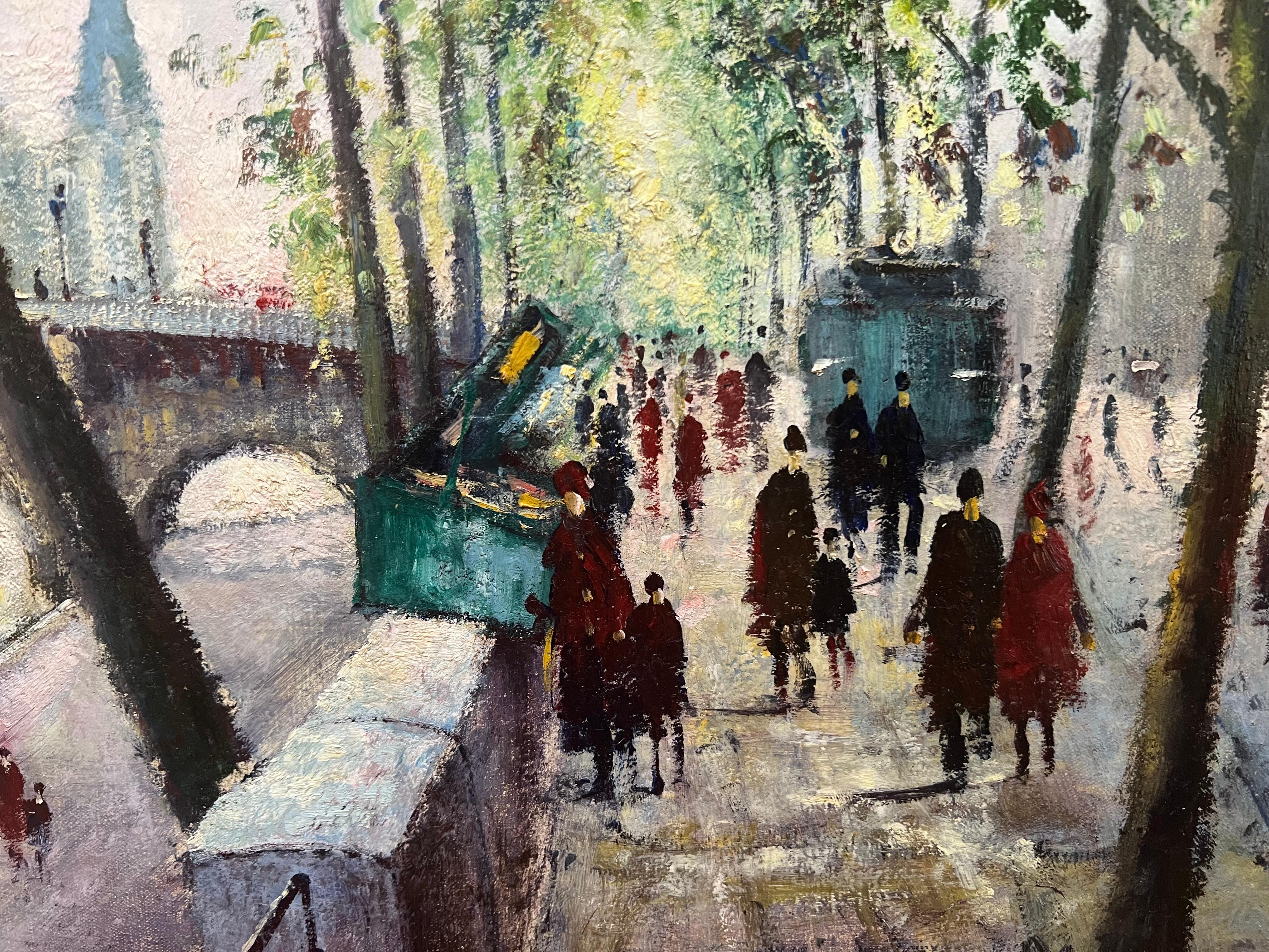 Gran Pintura Impresionista PONT NEUF París Río Sena c/ Figuras Paseando - Painting de Louis Dali