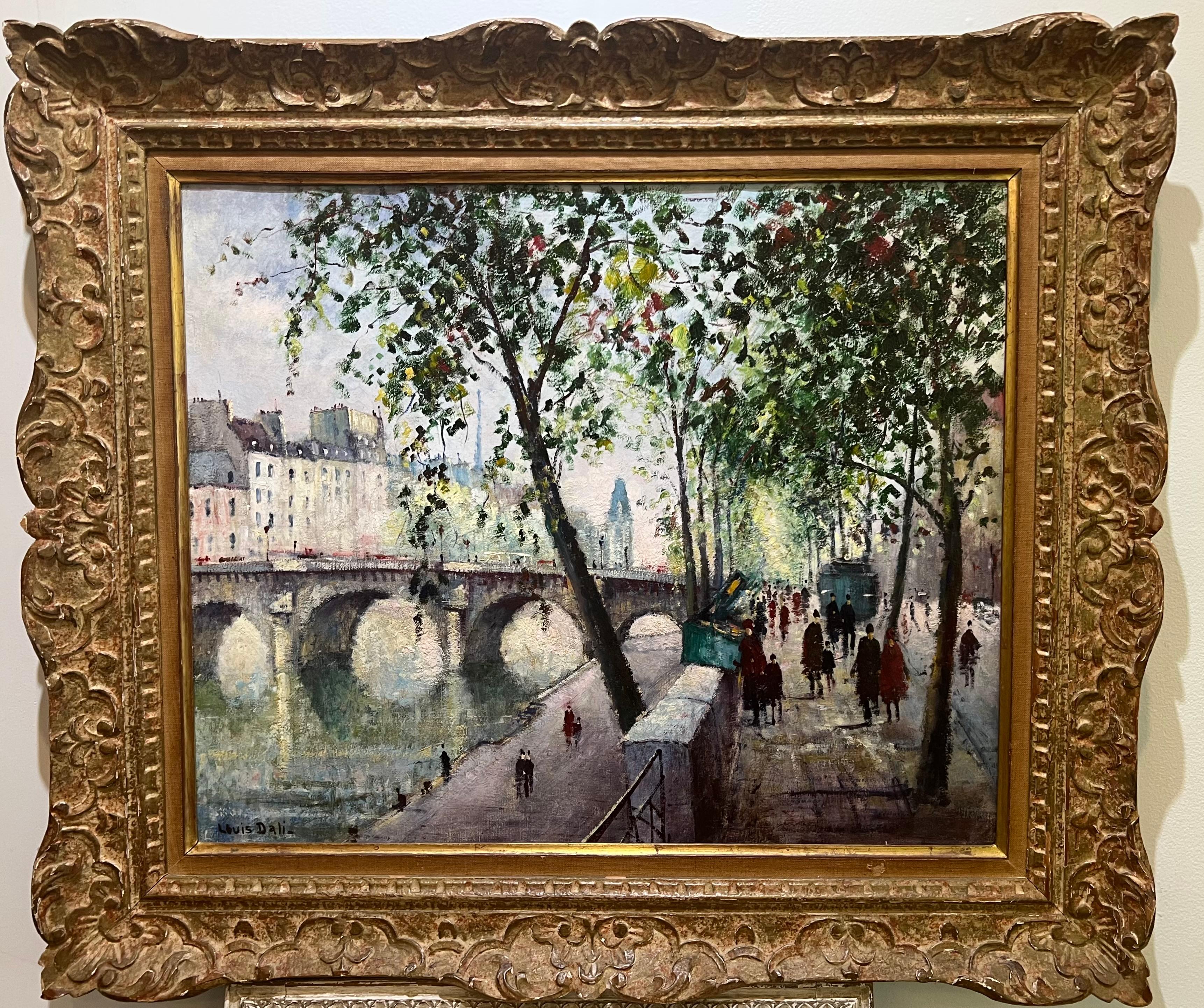Large Impressionist PONT NEUF Parisian Seine River w/ Figures Strolling Painting For Sale 1