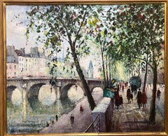 Grande peinture impressionniste PONT NEUF Parisien Seine River w/ Figures Strolling