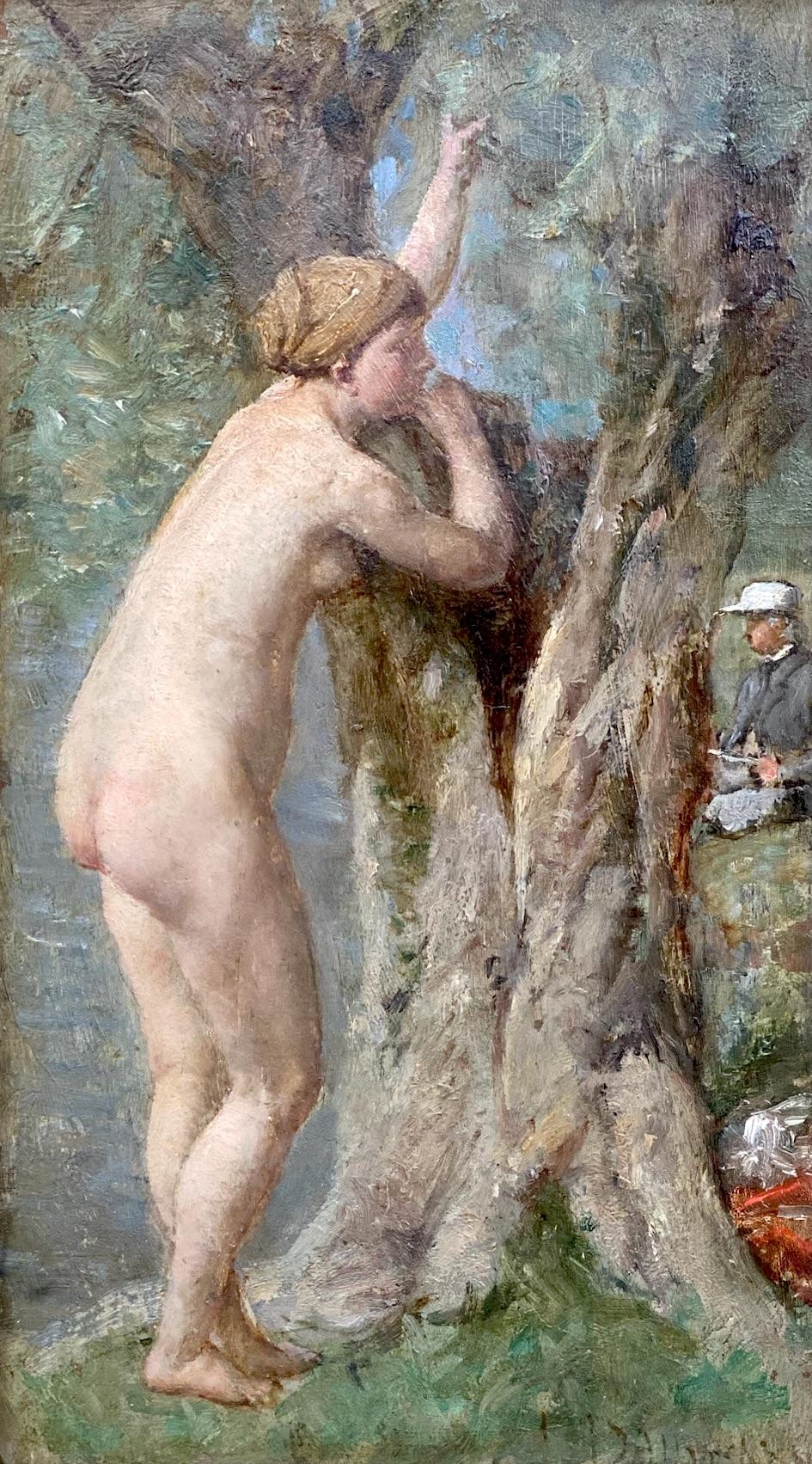 The bather and the artist: the bashful nude naturalist French oil painting - Painting by Louis Dauvergne