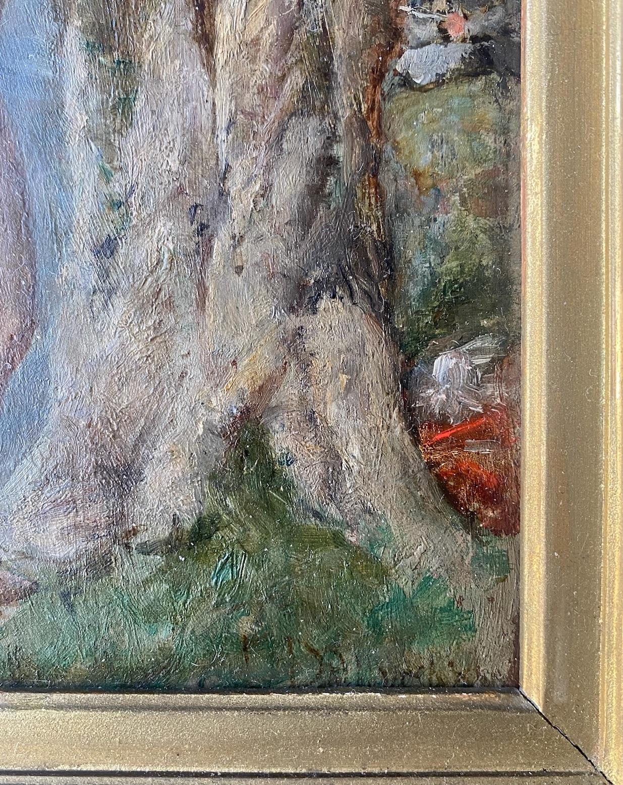 It's just a little embarassing. Our young bather went for a skinny dip in the river and now needs to snatch her clothes without being spotted by the elderly artist on the river bank who is painting en plein air and is as yet blissfully unaware of