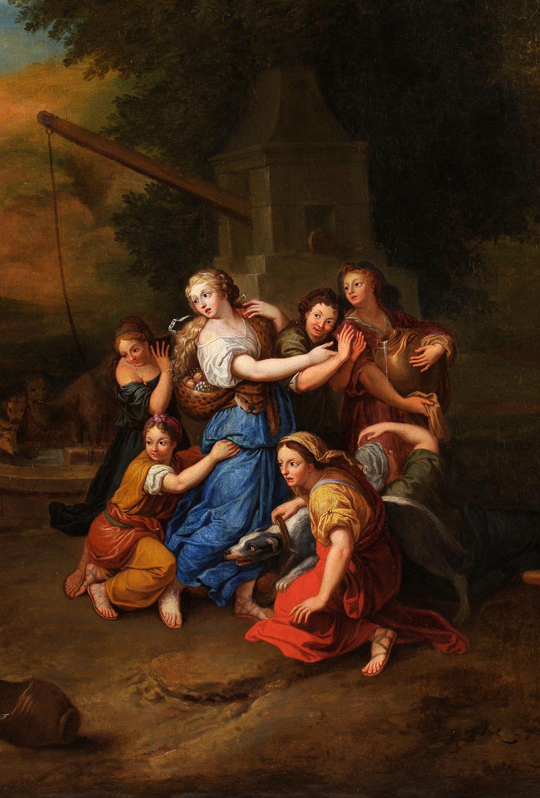 Workshop of Louis de BOULLOGNE
(Paris 1654 – Paris 1733)
Moses defending the daughters of Jethro
Oil on canvas
H. 75 cm; W. 106 cm

Produced at the end of the 17th century, this fairly large-format painting is a reworking of a work by the great
