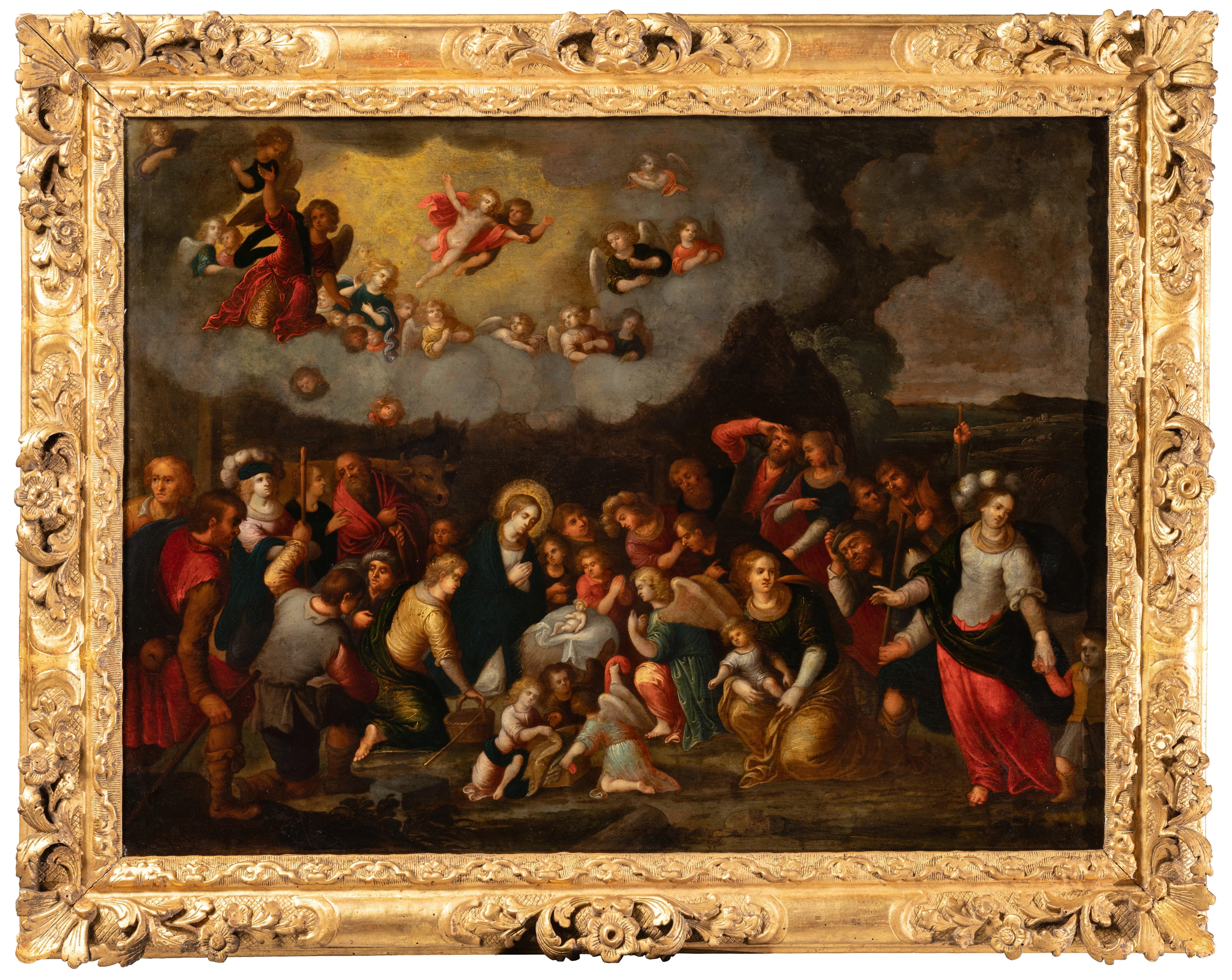 Anbetung der Hirten
Zuschreibung an Louis de Caullery (1580-1622)
Antwerpener Schule, 17. Jahrhundert, um 1620
Öl auf Kupfer: H. 54 cm (21,26 in.), B. 72 cm (28,35 in.)
Ein vergoldeter Rahmen aus dem 17. Jahrhundert aus der Zeit Ludwigs XIV. mit