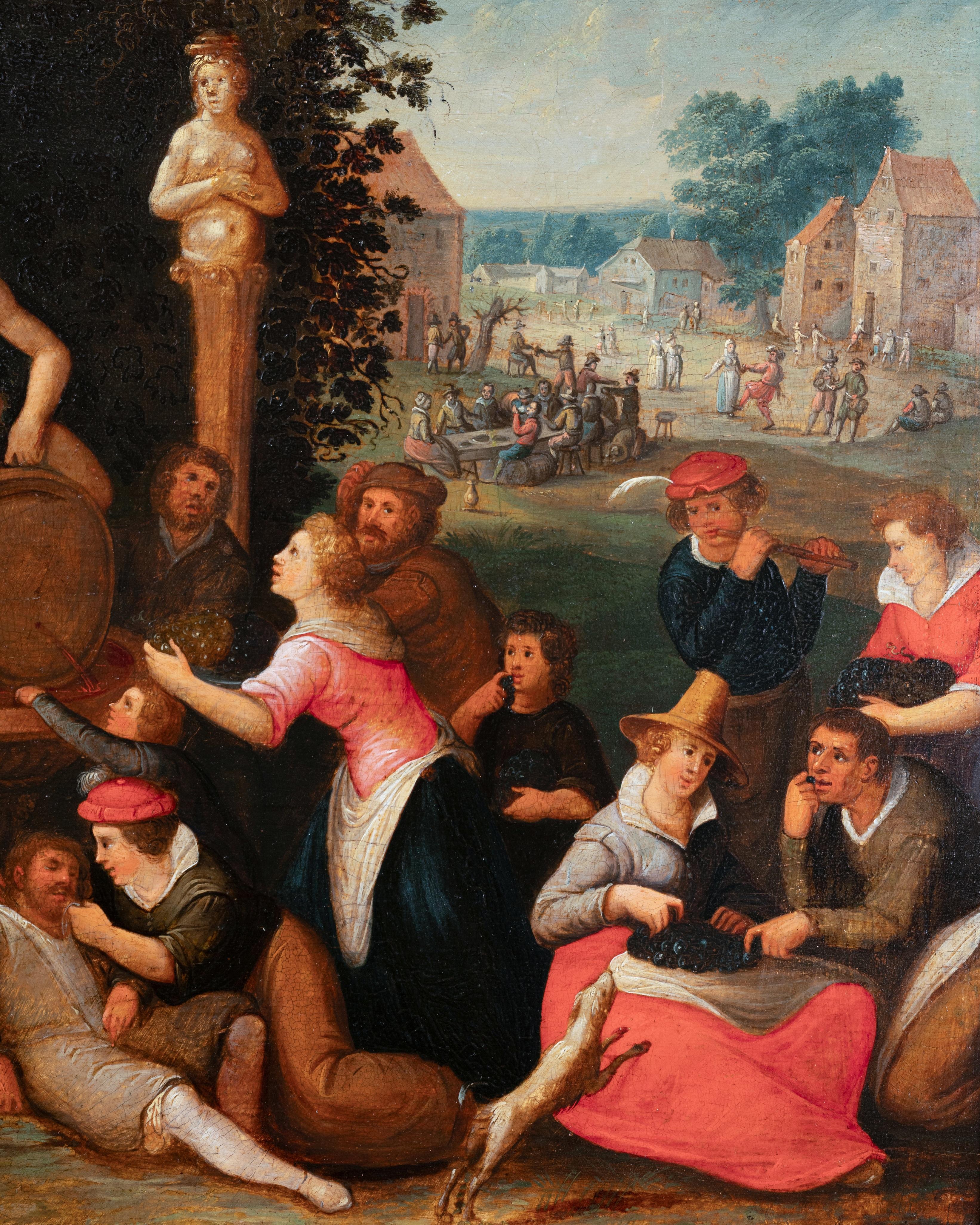 Allégorie de l'automne avec le culte de Bacchus
Studio de Louis de Caullery (Caullery, vers 1580 - Anvers, 1621/22)
École anversoise du 17e siècle
Non signé

Huile sur panneau de chêne
Dimensions : panneau : h. 38 cm, l. 54 cm
Cadre ébonisé de style