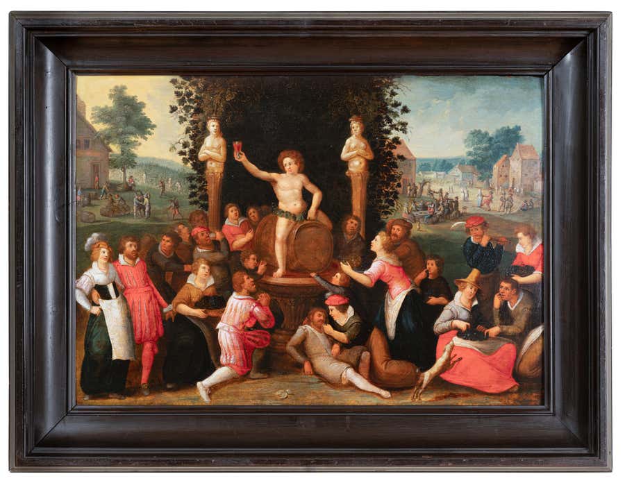 "Allegory of Autumn with Bacchus, Oil on Wood Panel, Flemish, 17th Century"