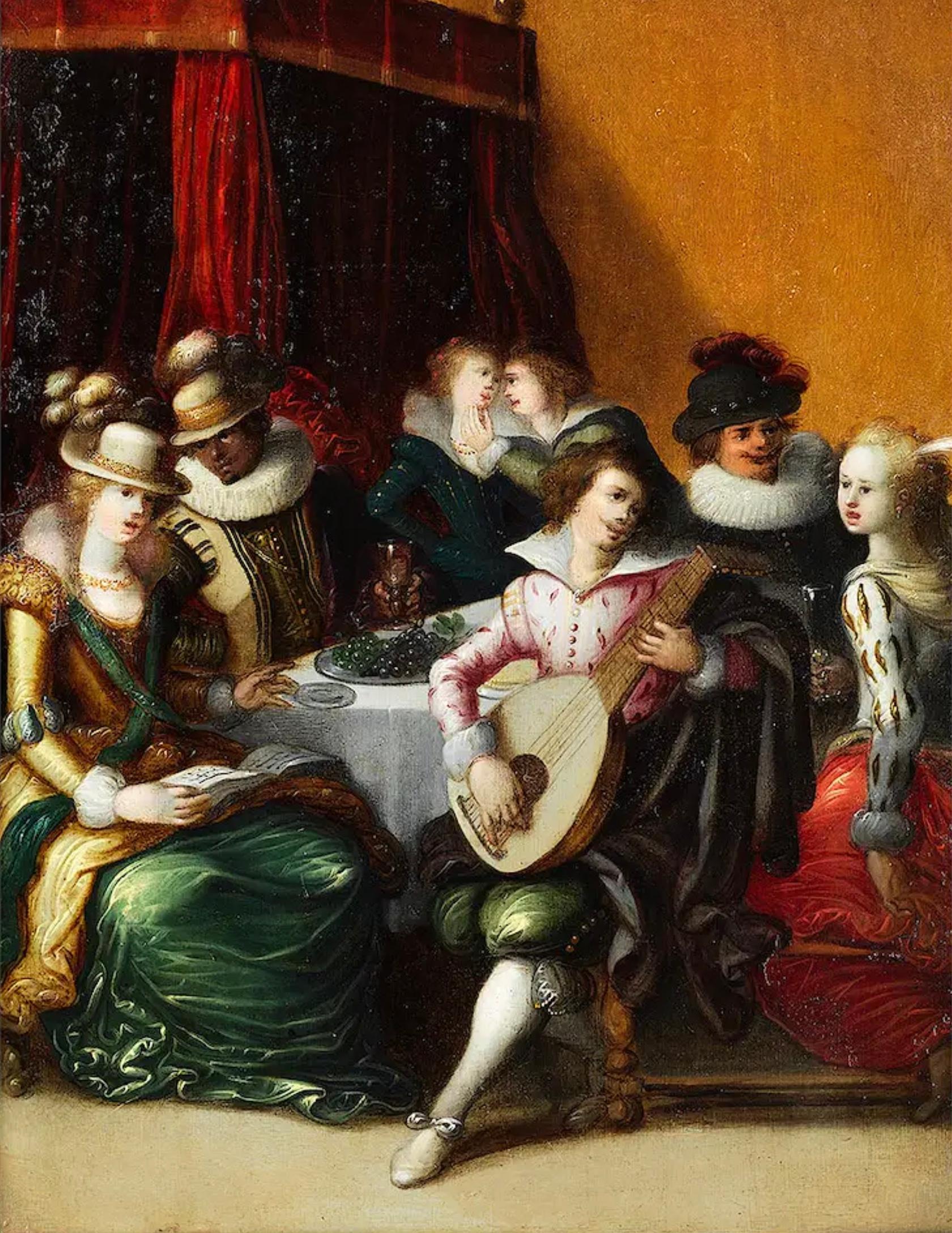 Oil on copper 

In this scene we can see an elegant company, playing music in an interior. At the centre we can see a man in lavish clothing, performing a musical piece on his lute. His fingers move deftly across the instrument. 
Several other