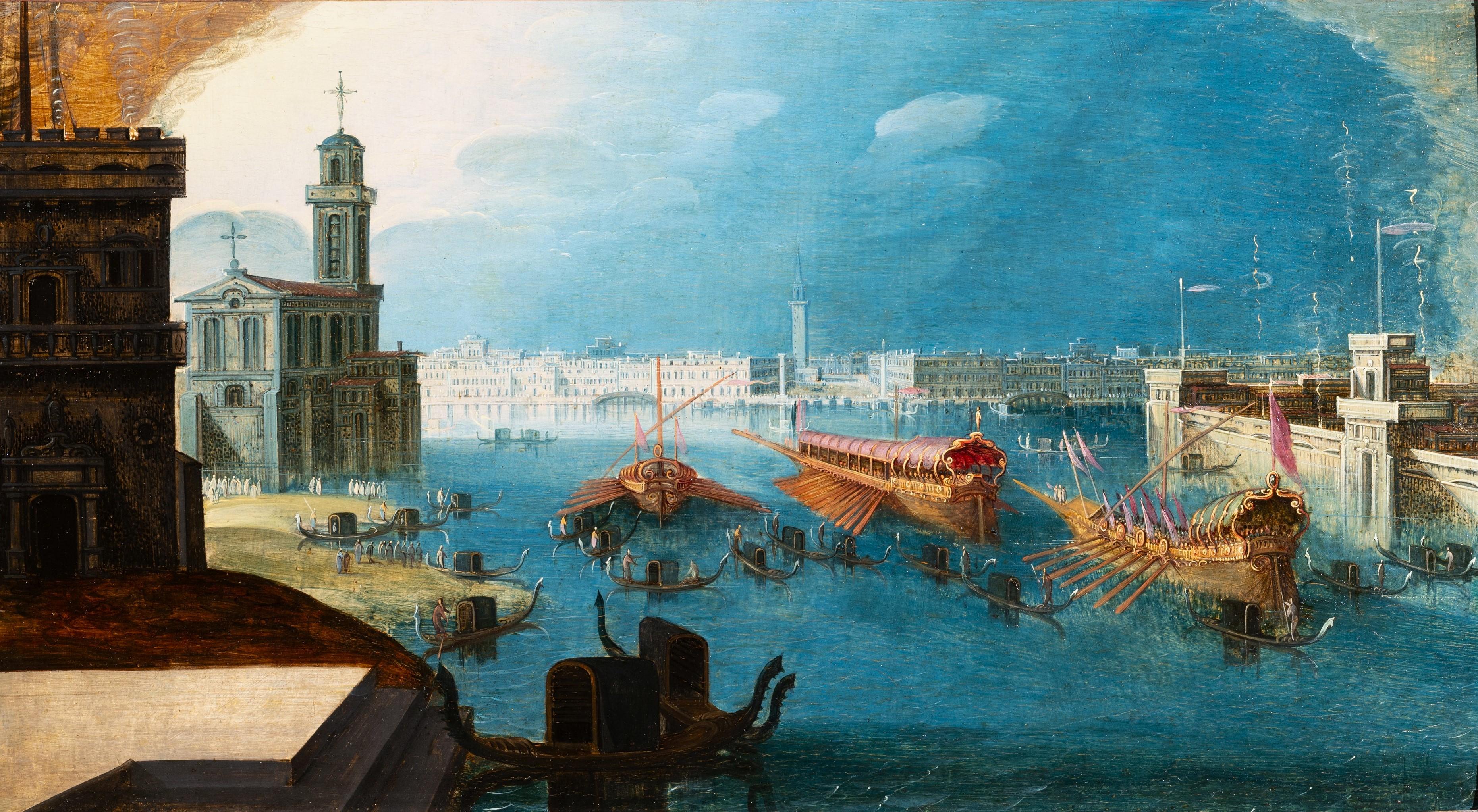 Himmelfahrtstag in Venedig
Antwerpener Schule des 17. Jahrhunderts
Louis de Caullery (1582-1621)
Öl auf Eichenholzplatte
Abmessungen: H. 12.8 in, B. 23.03 in (H. 32,5 cm, B. 58,5 cm)
Rahmen in italienischem Stil aus ebonisiertem Holz mit vergoldeten