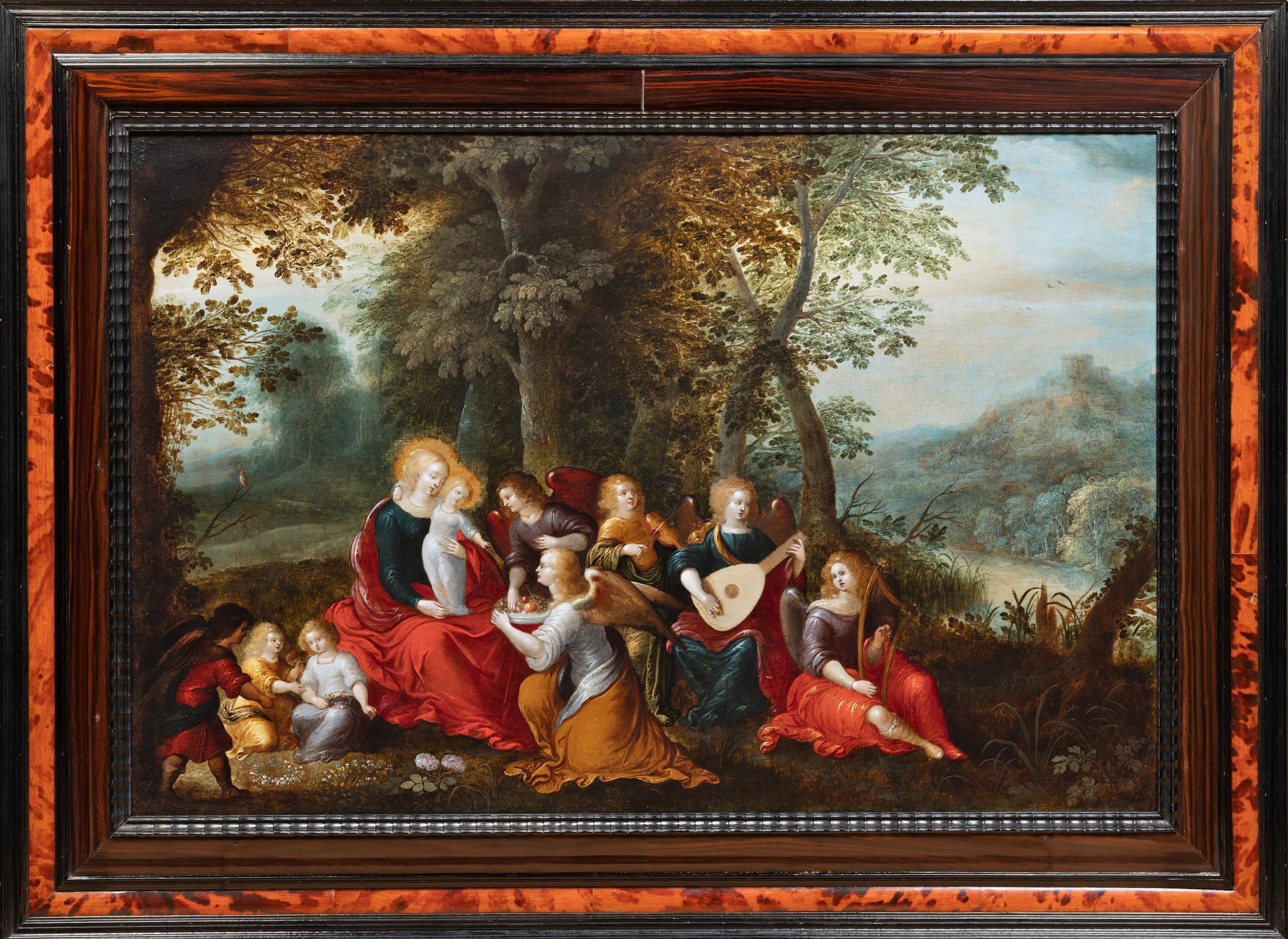 Madonna and Child with Angels
Attributed to Louis de Caullery (1565 -1622) for figures & Abraham Govaerts (1589 - 1626) for landscape
Not signed
17th century Antwerp school, circa 1620
Oil on copper, h. 40 cm, w. 59,5 cm
Framed: h. 56 cm, w. 76
