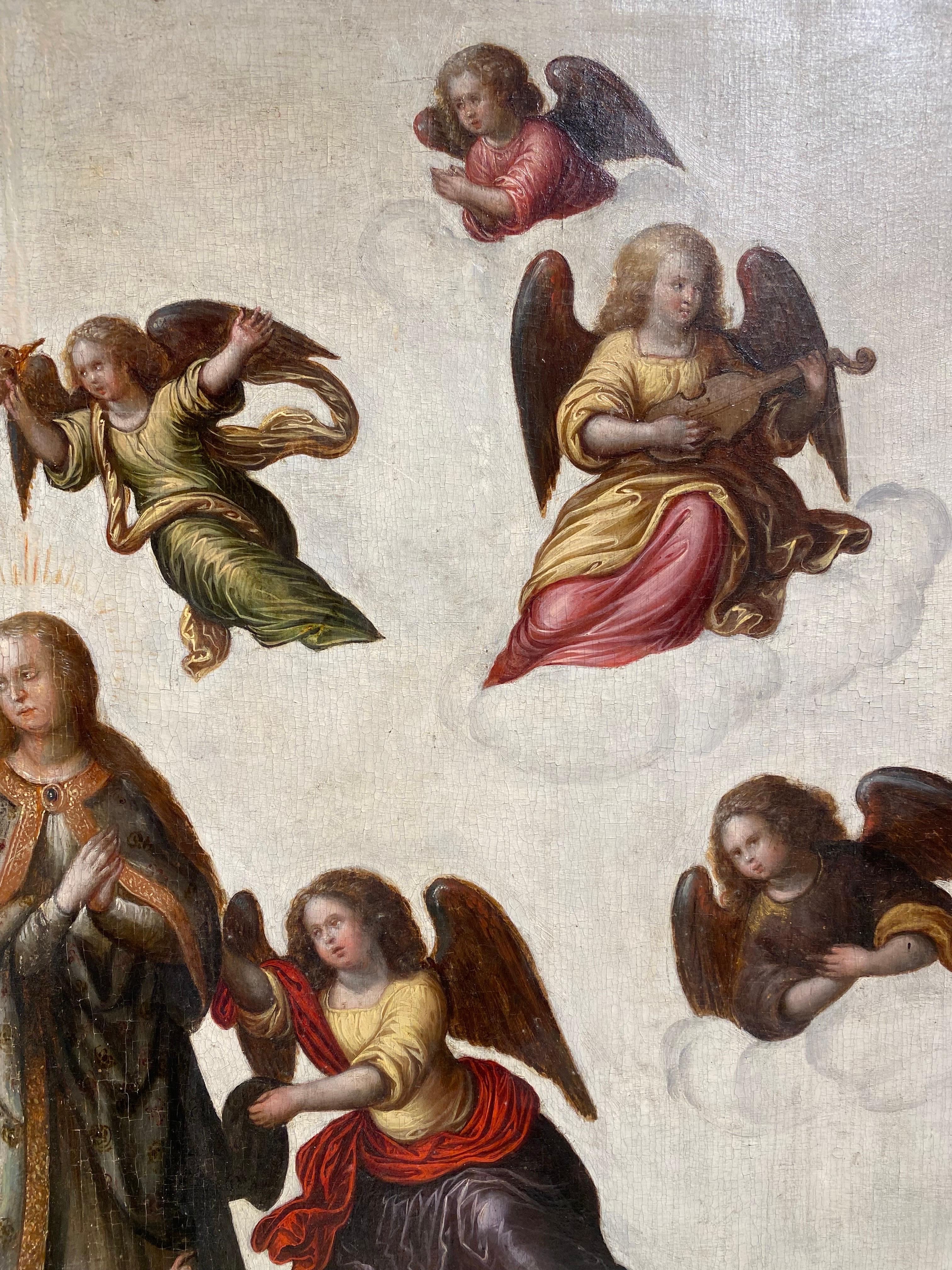 Virgin and angels  - Beige Figurative Painting by Louis de Caullery