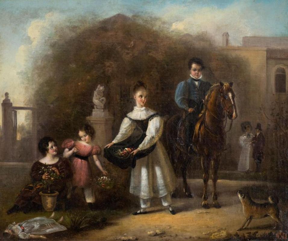 Œuvre de cueillette de fleurs, huile sur toile ancienne de l'école française - Painting de Louis De Pellicot