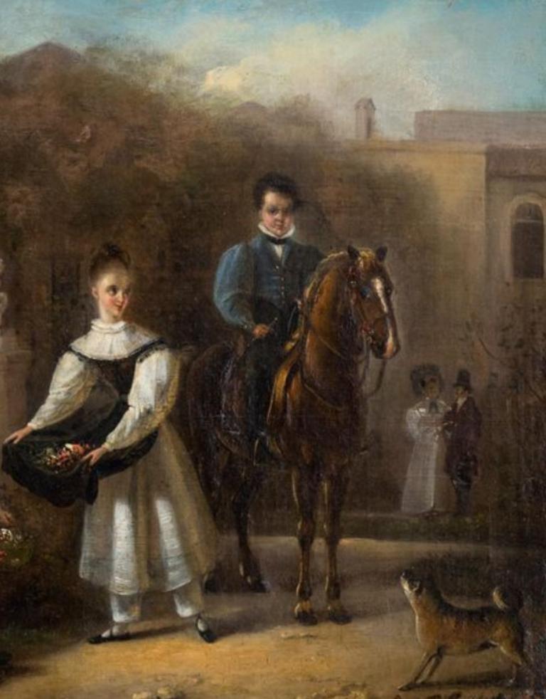 Œuvre de cueillette de fleurs, huile sur toile ancienne de l'école française - École française Painting par Louis De Pellicot