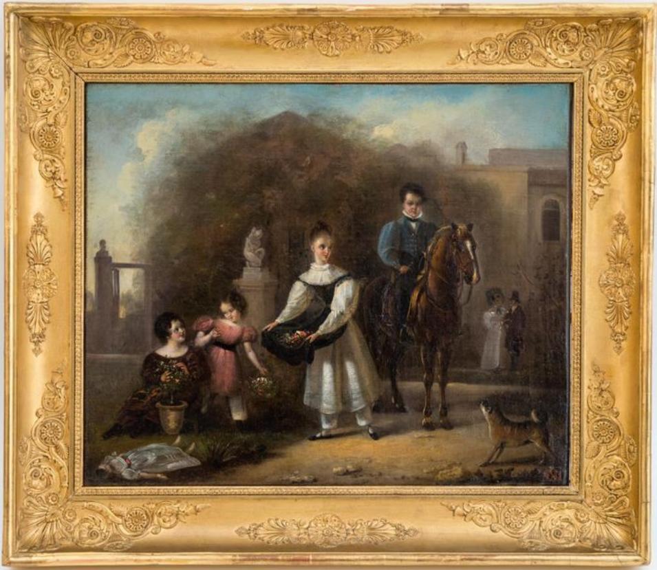 Figurative Painting Louis De Pellicot - Œuvre de cueillette de fleurs, huile sur toile ancienne de l
école française