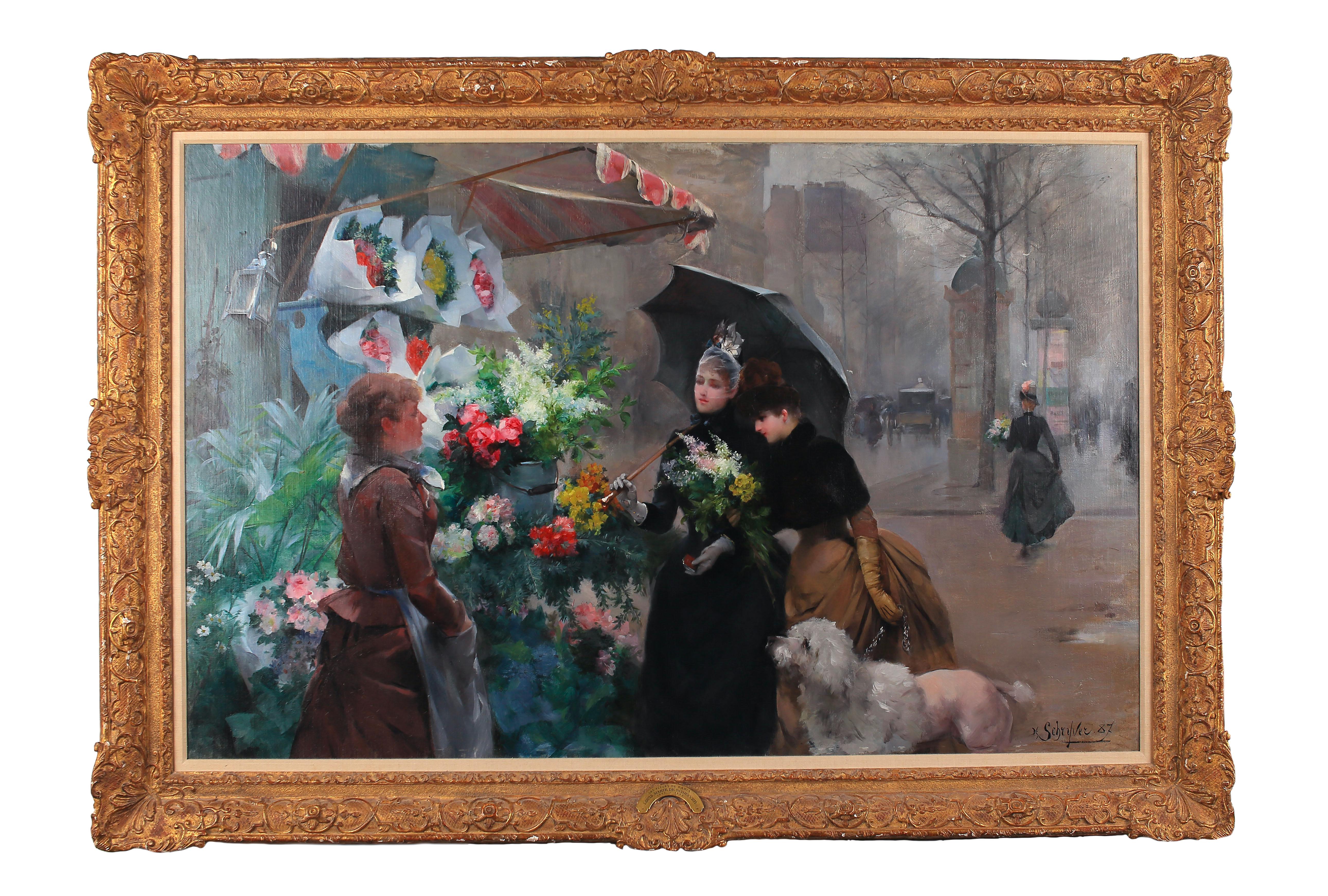 The Flower Seller, Paris - Painting by Louis De Schryver 