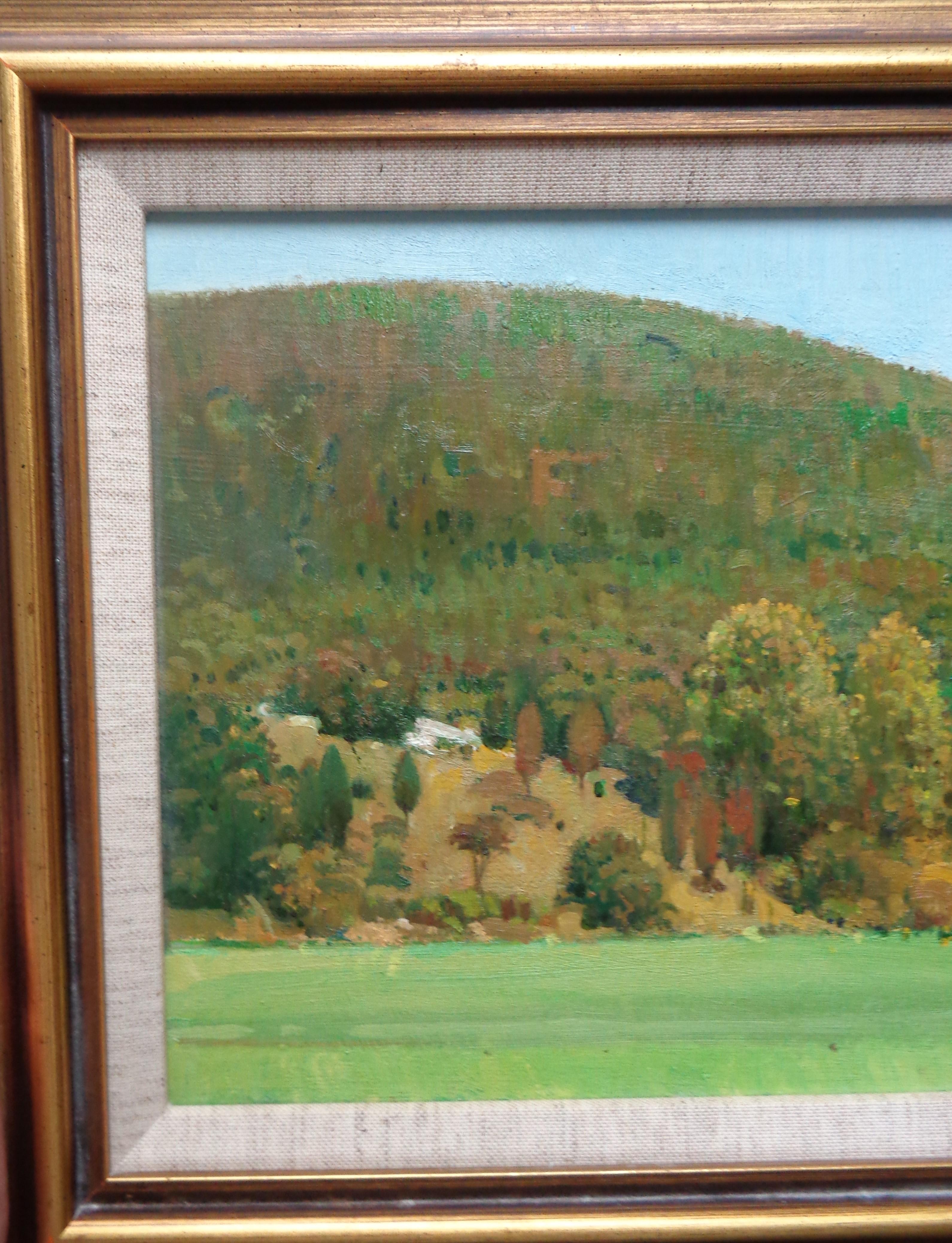 Impressionistic Vermont Oil Painting by Louis DeDonato Salmagundi Label - Brown Landscape Painting by Louis DeDonata