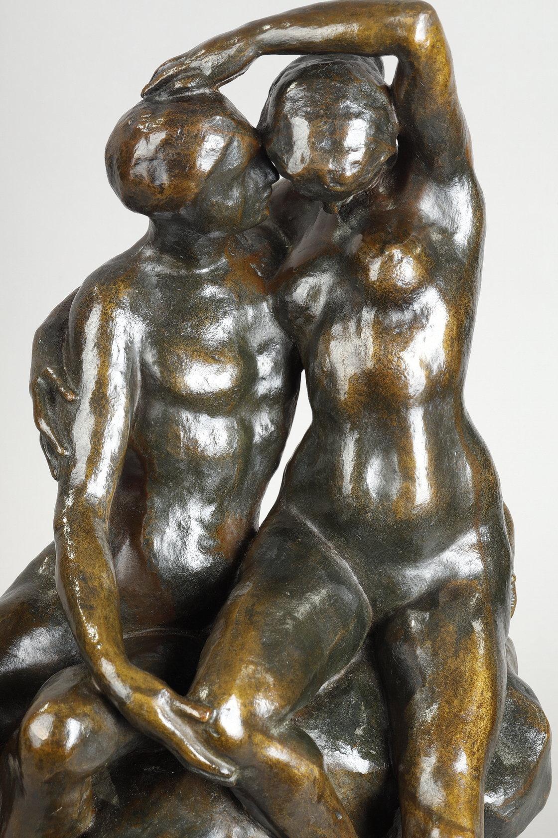 A seated Couple - Sculpture by Louis Dejean