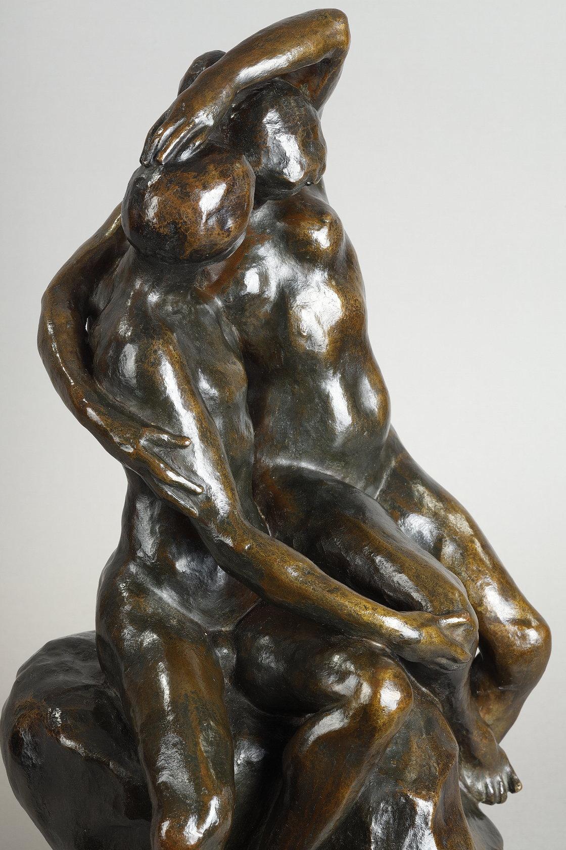 A seated Couple - Gold Figurative Sculpture by Louis Dejean
