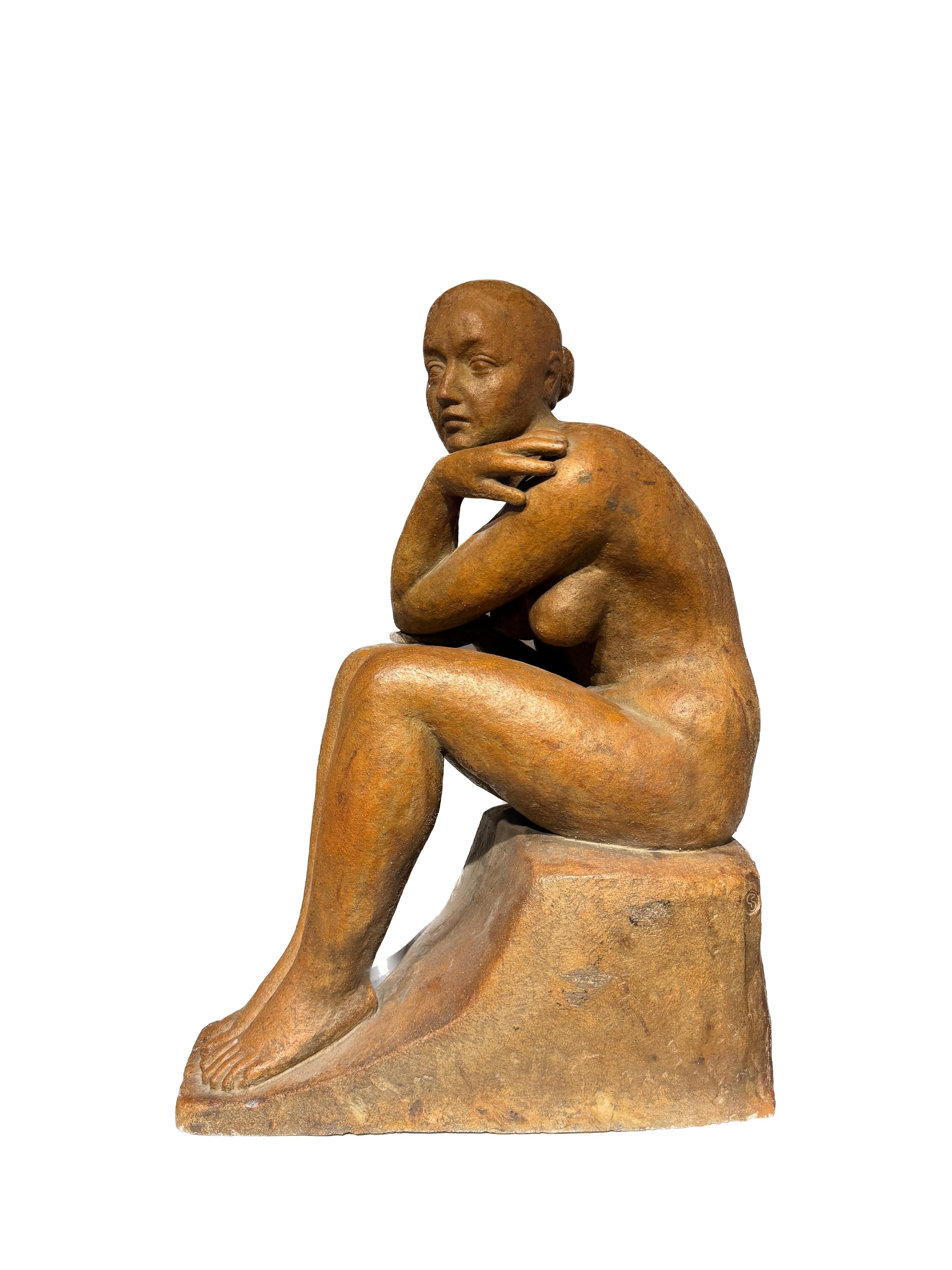 Francese Nudo seduto in terracotta di Louis Dejean e Georges Serre, firmato e timbrato in vendita