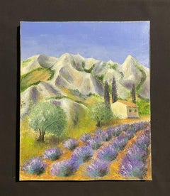 LOUIS DEL BIANCO (French 1925) SIGNED OIL - LAVENDER FIELDS PROVENCE MOUNTAINS