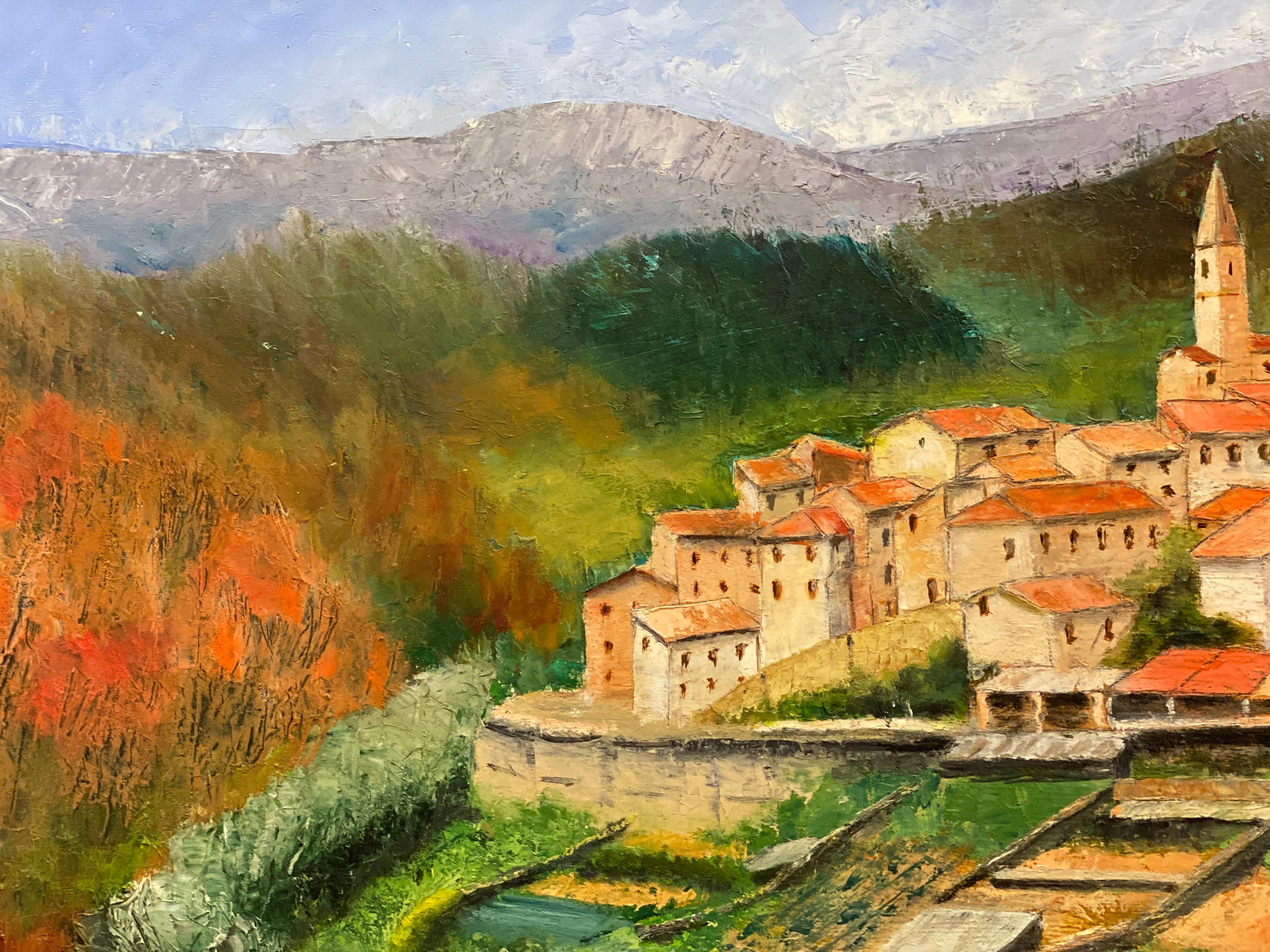 Französische Provence, Dorf Hill Top, signiertes Ölgemälde auf Leinwand – Painting von LOUIS DEL BIANCO (B.1925