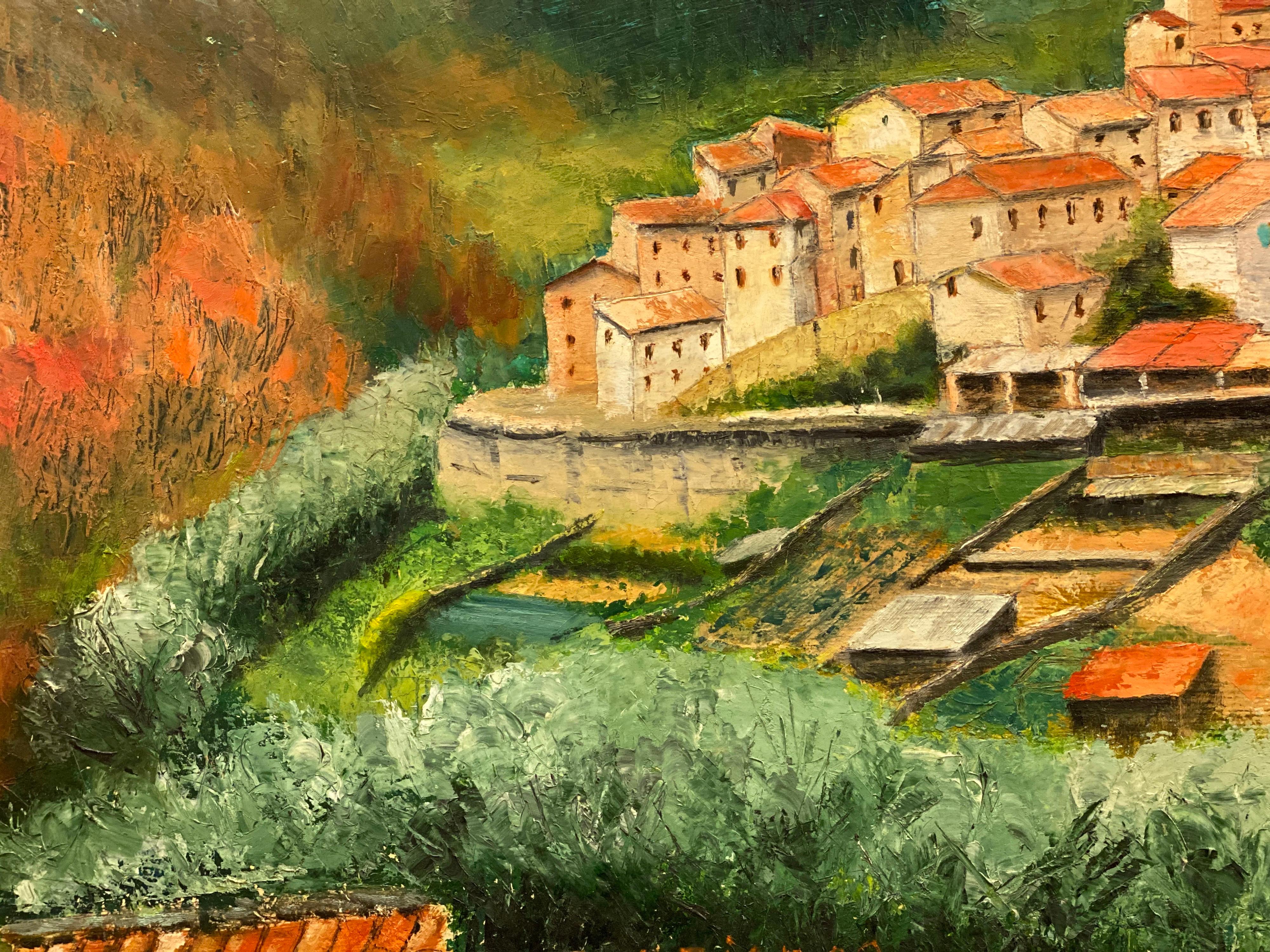 Französische Provence, Dorf Hill Top, signiertes Ölgemälde auf Leinwand (Impressionismus), Painting, von LOUIS DEL BIANCO (B.1925