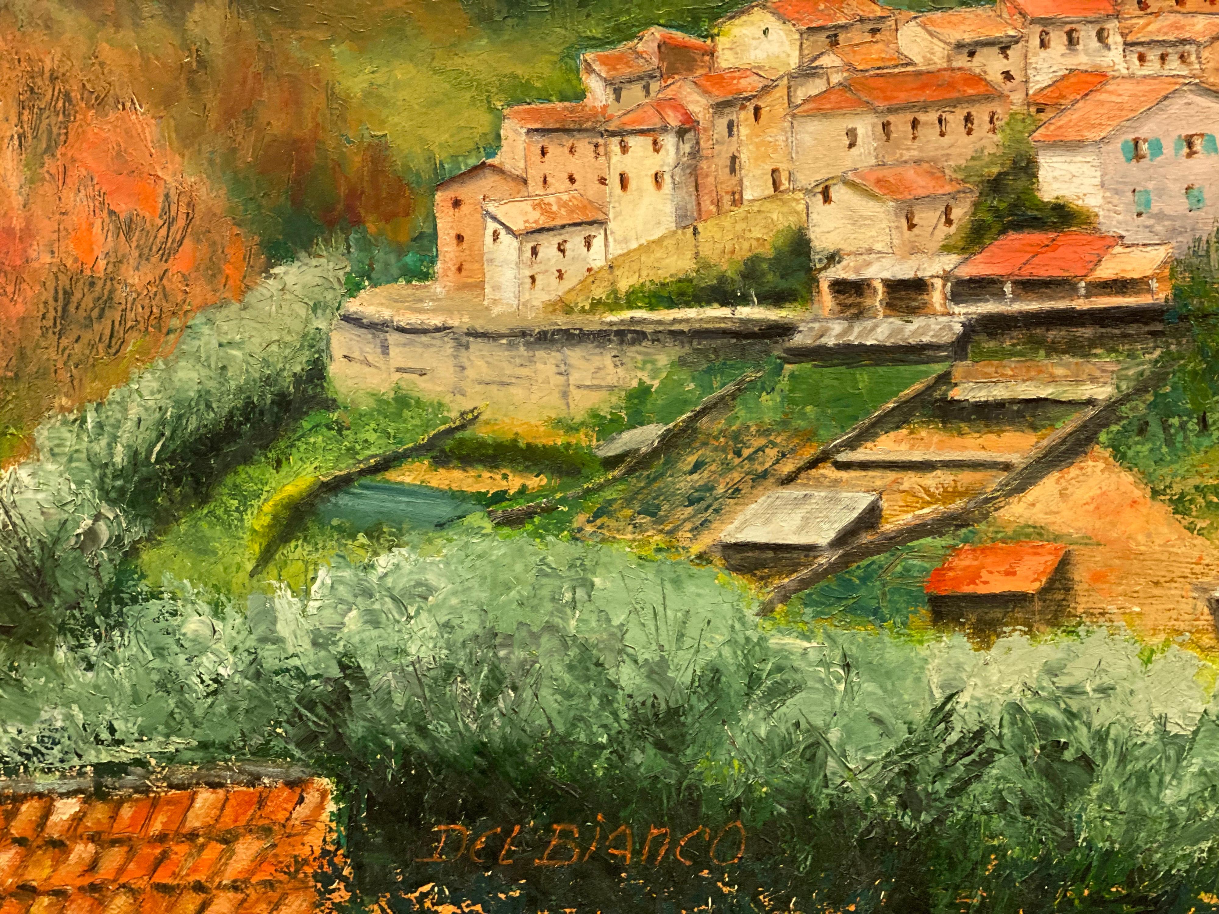 Französische Provence, Dorf Hill Top, signiertes Ölgemälde auf Leinwand (Braun), Landscape Painting, von LOUIS DEL BIANCO (B.1925