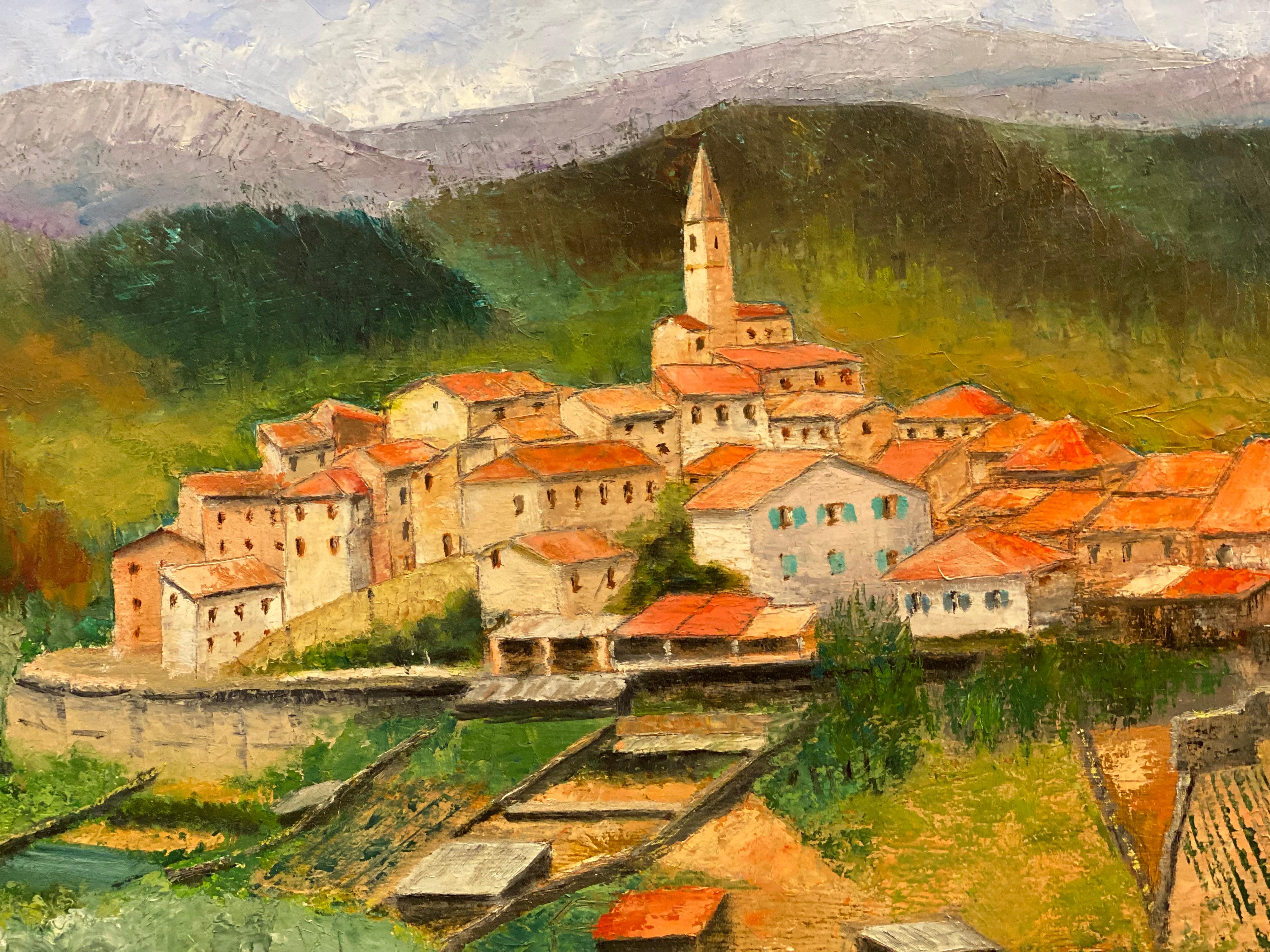 Französische Provence, Dorf Hill Top, signiertes Ölgemälde auf Leinwand im Angebot 1