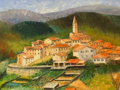 Vintage Provence Hill Top Village, Signed Oil Painting on Canvas