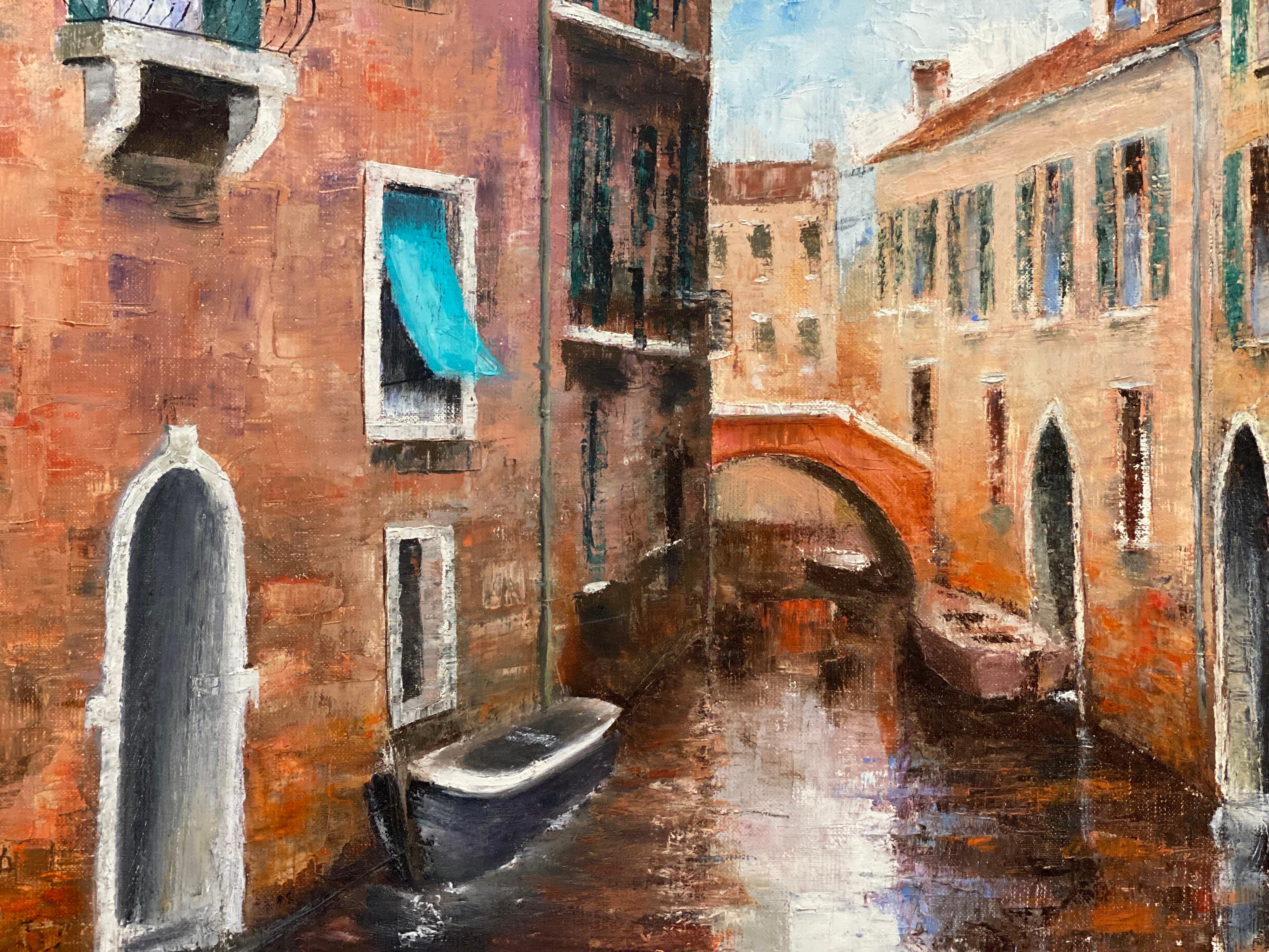 Venice Tranquil Canal backwater, original oil painting on canvas - Painting by LOUIS DEL BIANCO (B.1925