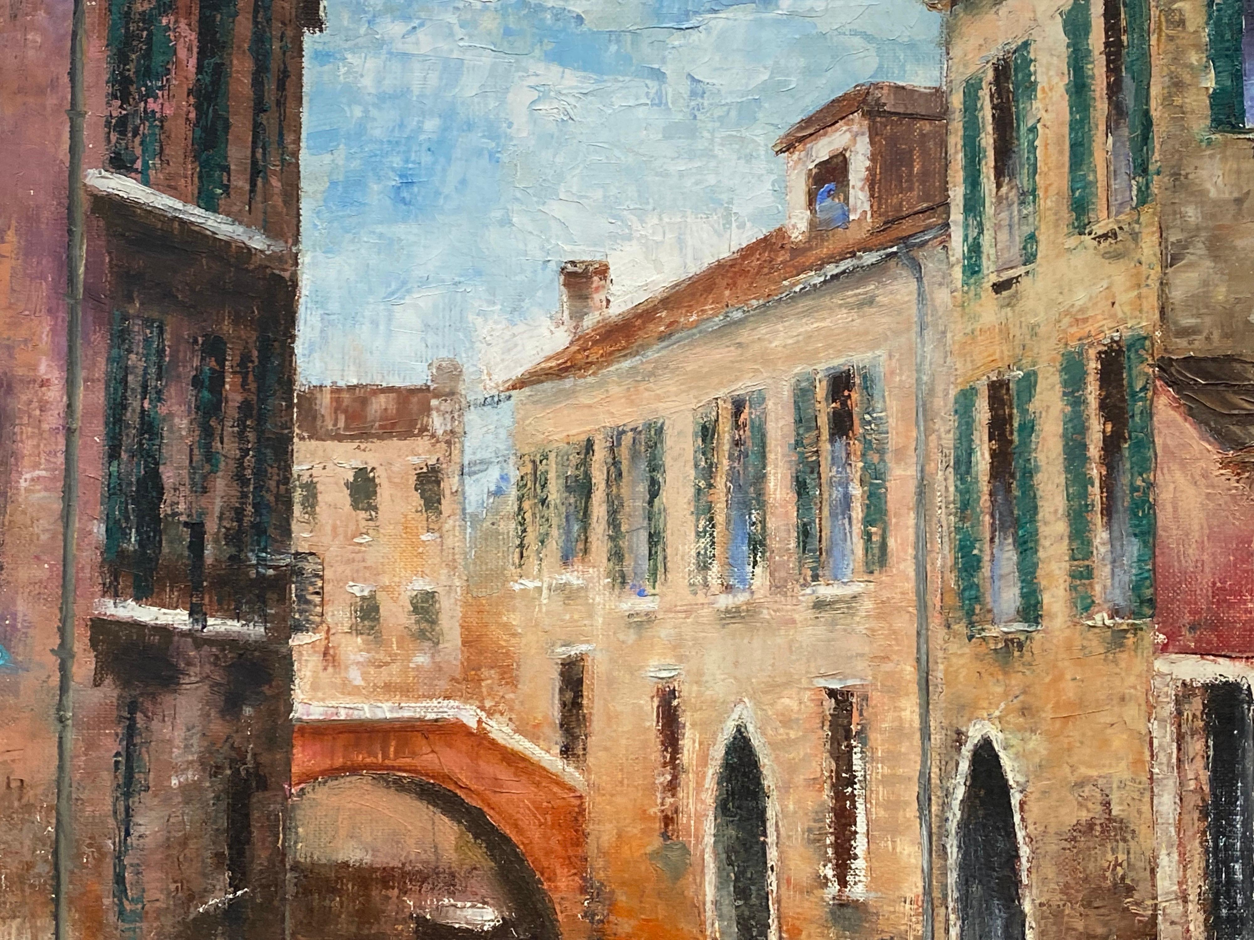 Venice Tranquil Canal Backwater, Original Ölgemälde auf Leinwand (Impressionismus), Painting, von LOUIS DEL BIANCO (B.1925