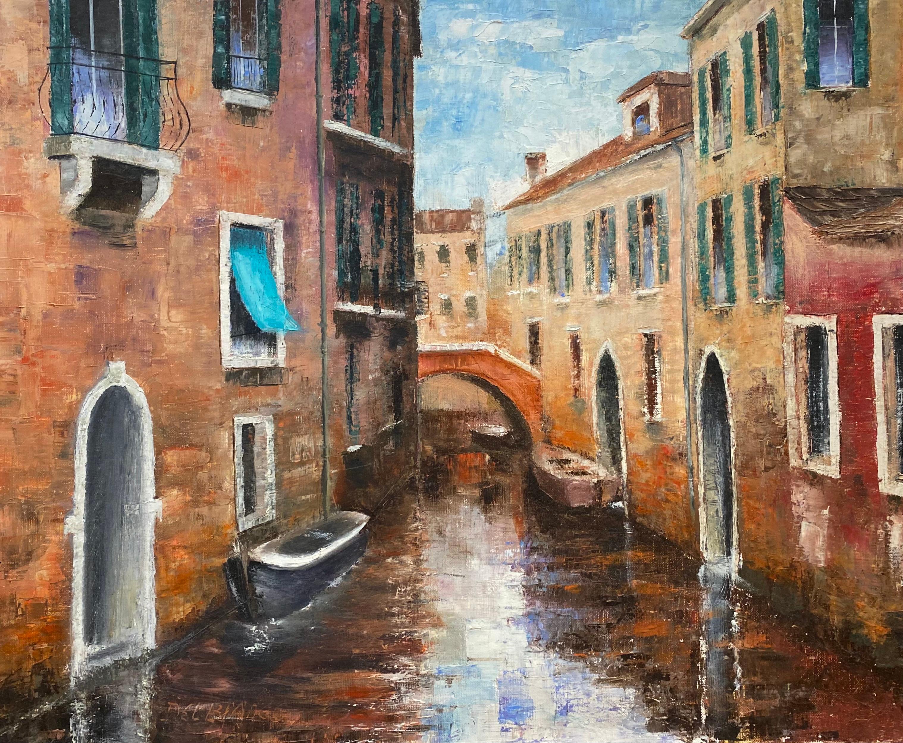 LOUIS DEL BIANCO (B.1925 Landscape Painting - Venice Tranquil Canal backwater, original oil painting on canvas