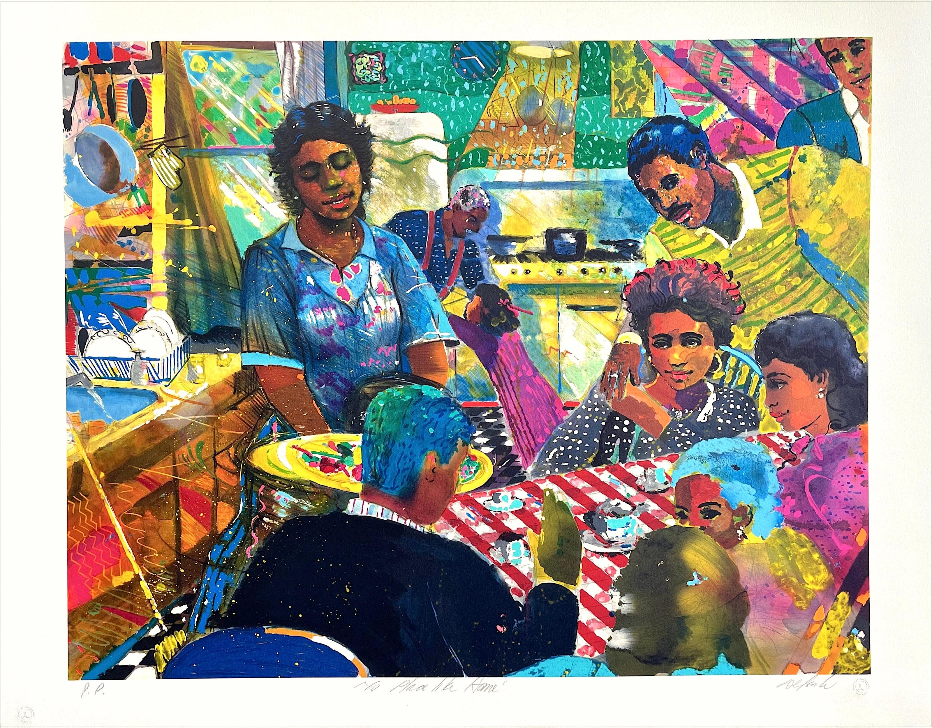 NO PLACE LIKE HOME Litografia firmata, famiglia nera, scena di cucina vintage