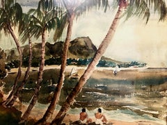Aquarelle des années 1940 représentant le Diamond Head vu de la plage de Waikiki