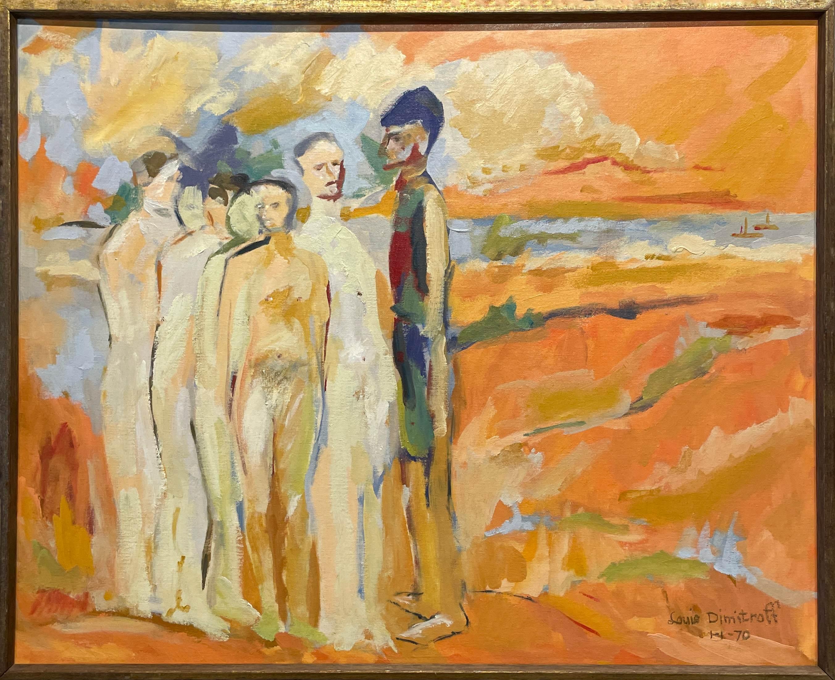 Orange-Toned Painting of Standing Figures by Artist Louis Dimitroff, dated 1970 For Sale 1