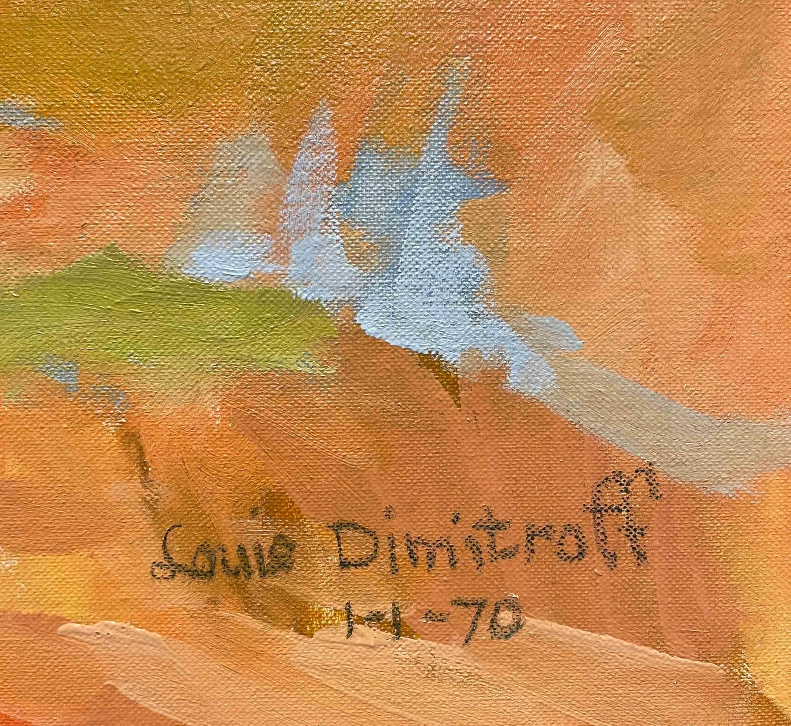 Orange-Toned Painting of Standing Figures by Artist Louis Dimitroff, dated 1970 For Sale 2