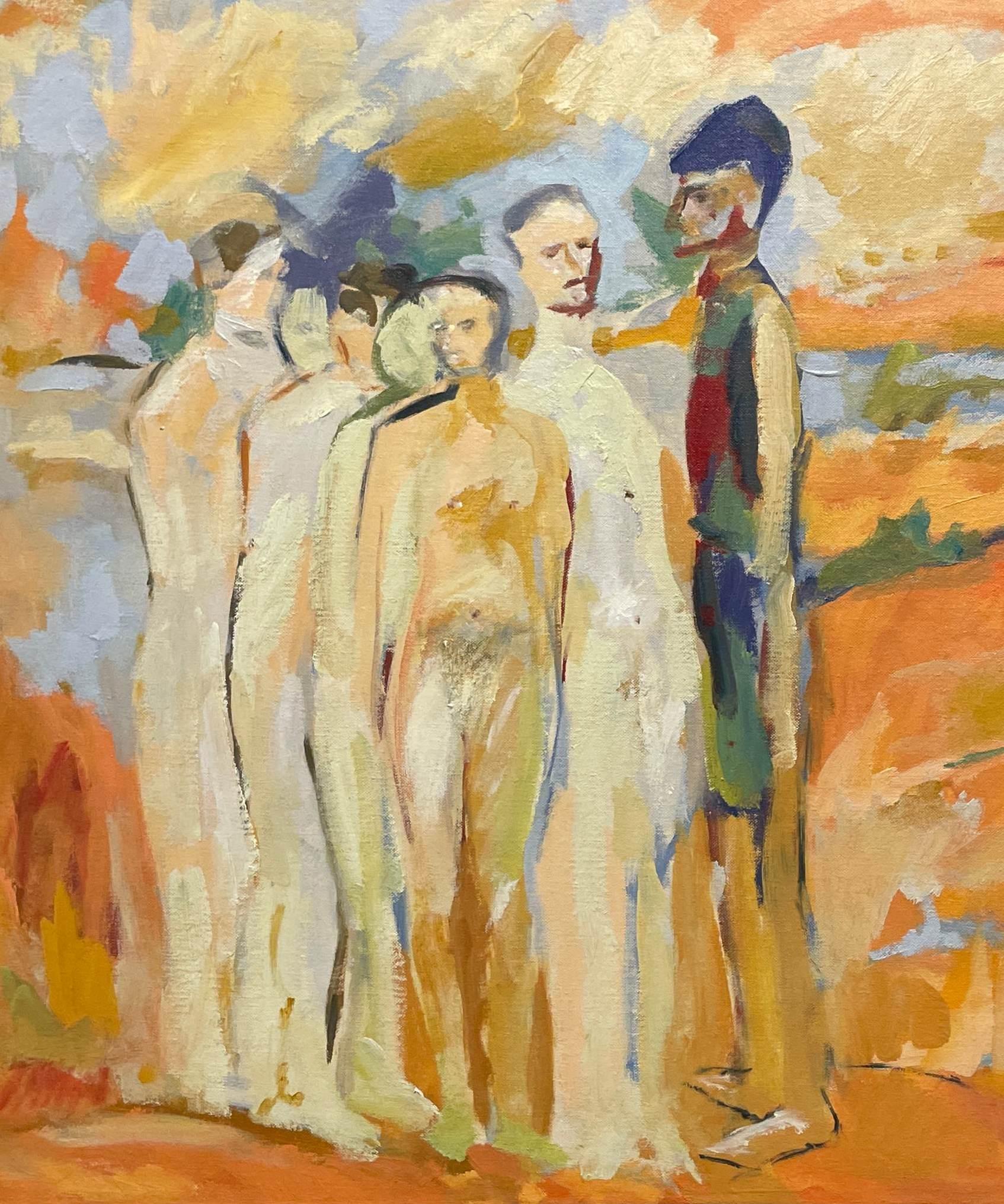 Orange-Toned Painting of Standing Figures by Artist Louis Dimitroff, dated 1970 For Sale 4
