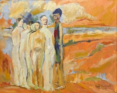 Pintura en tonos anaranjados de figuras de pie del artista Louis Dimitroff, fechada en 1970