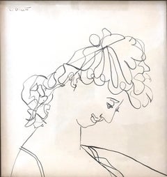 "Modernist Portrait of Woman's Face" Signed Mid Century Ink Work on Paper