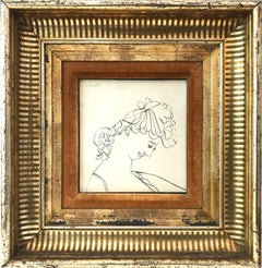 "Modernist Portrait of Woman's Face" Signed Mid Century Ink Work on Paper