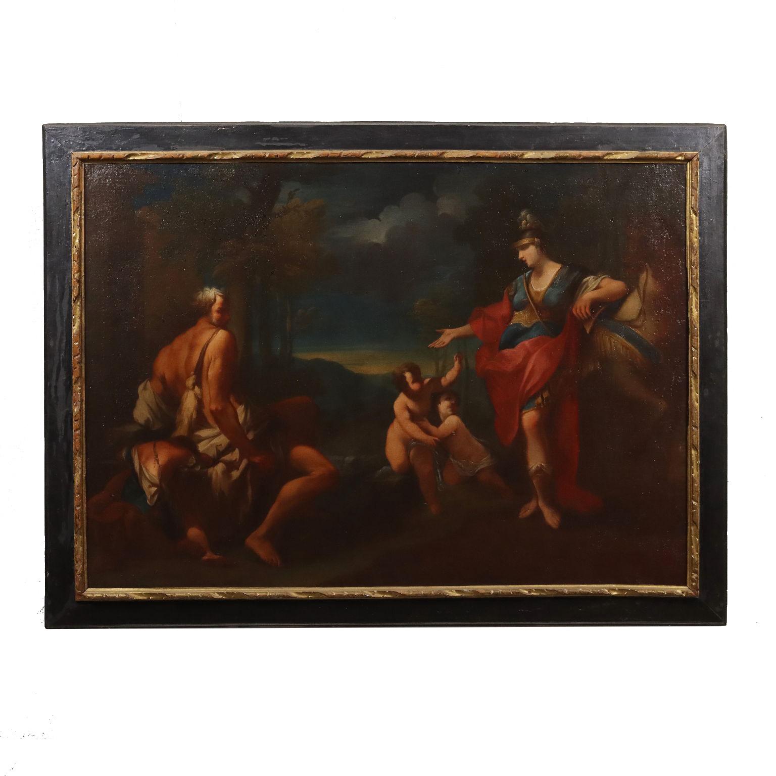 Oil painting on canvas. The large canvas recounts an episode taken from the Gerusalemme Liberata by Torquato Tasso, in which the young Erminia, princess of Antioch secretly in love with Tancredi, witnesses the wounding of her beloved in a duel.